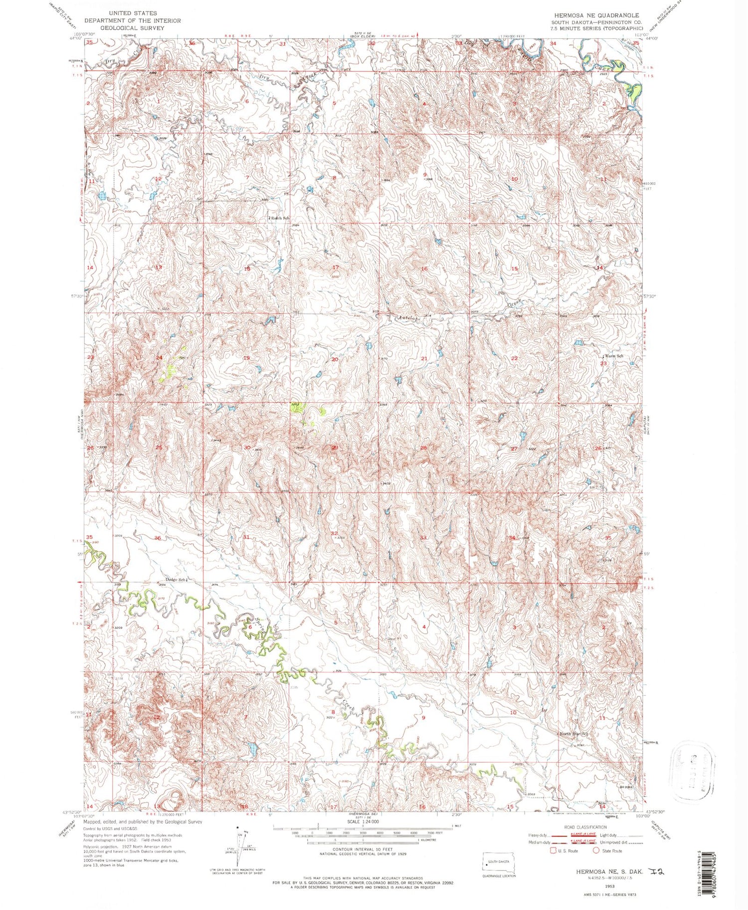 Classic USGS Hermosa NE South Dakota 7.5'x7.5' Topo Map Image