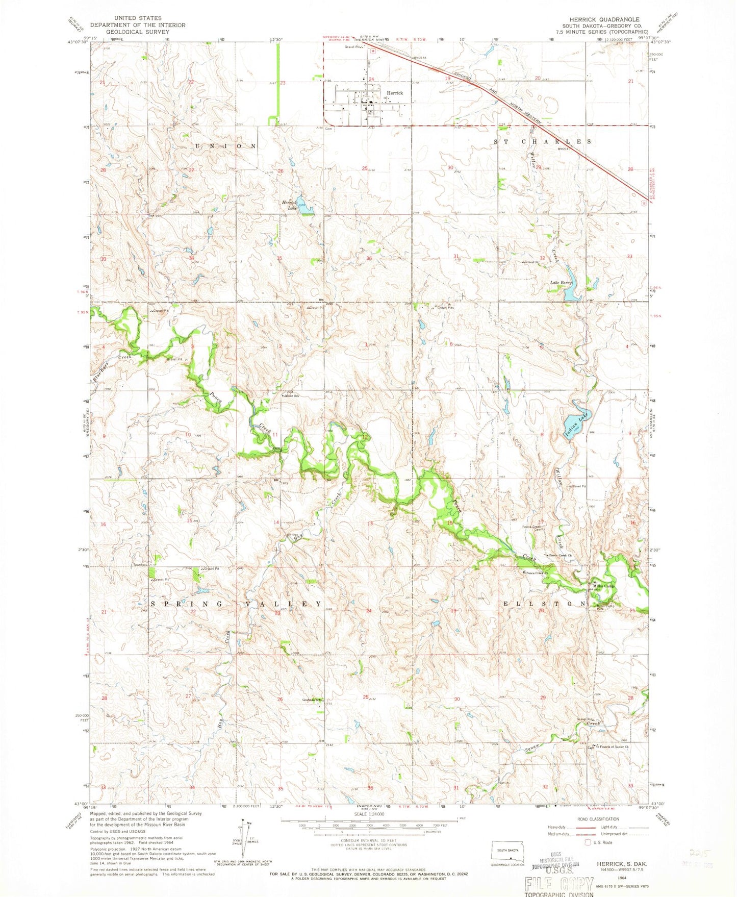 Classic USGS Herrick South Dakota 7.5'x7.5' Topo Map Image