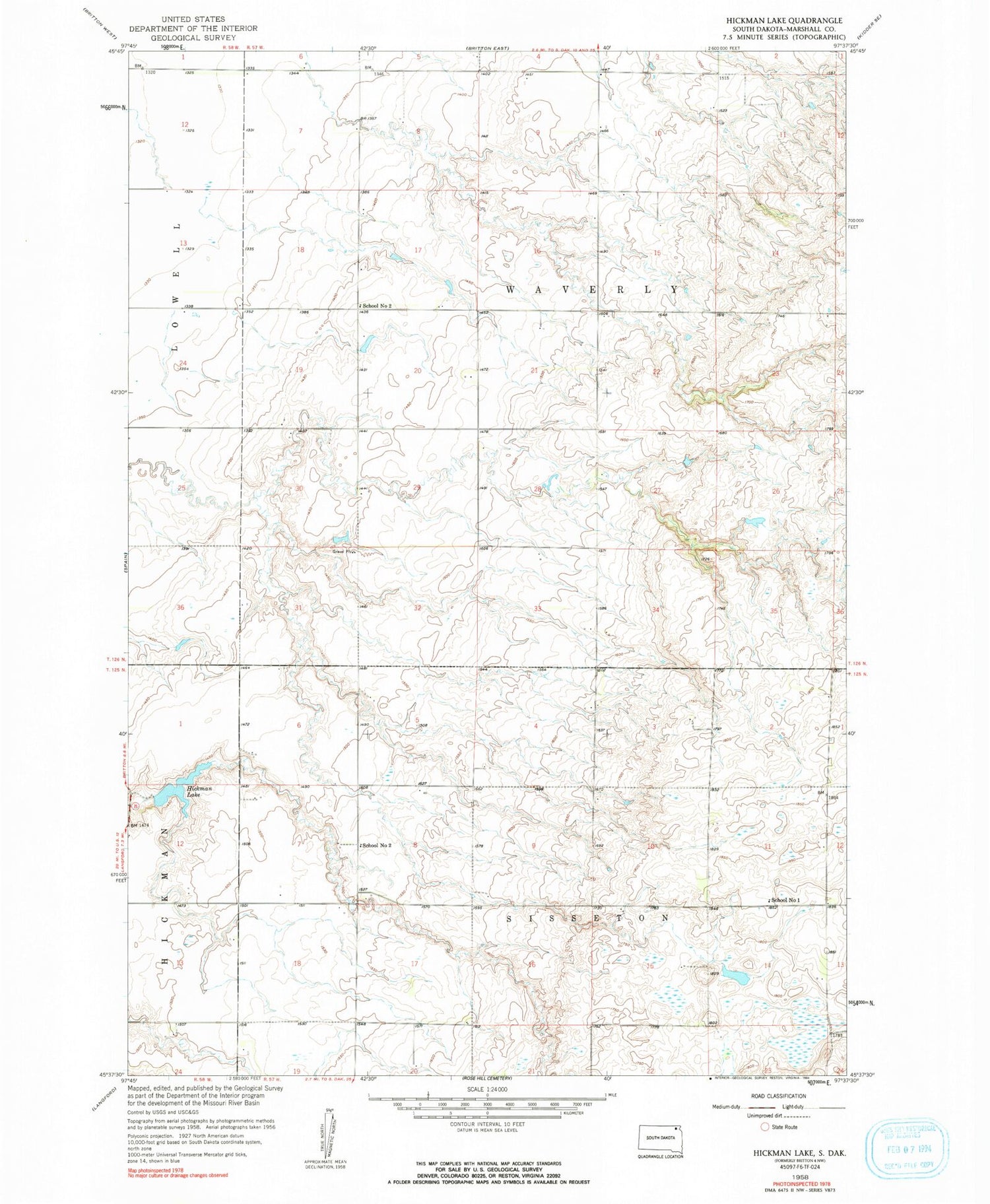 Classic USGS Hickman Lake South Dakota 7.5'x7.5' Topo Map Image