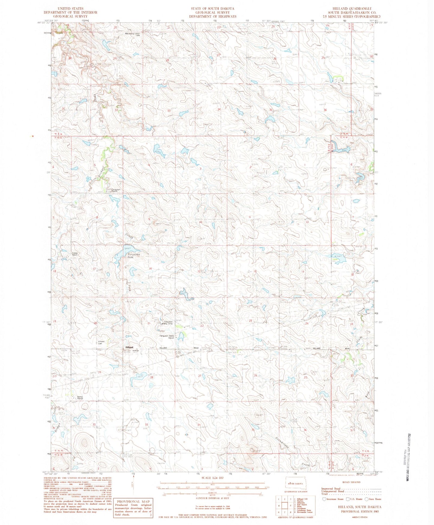 Classic USGS Hilland South Dakota 7.5'x7.5' Topo Map Image