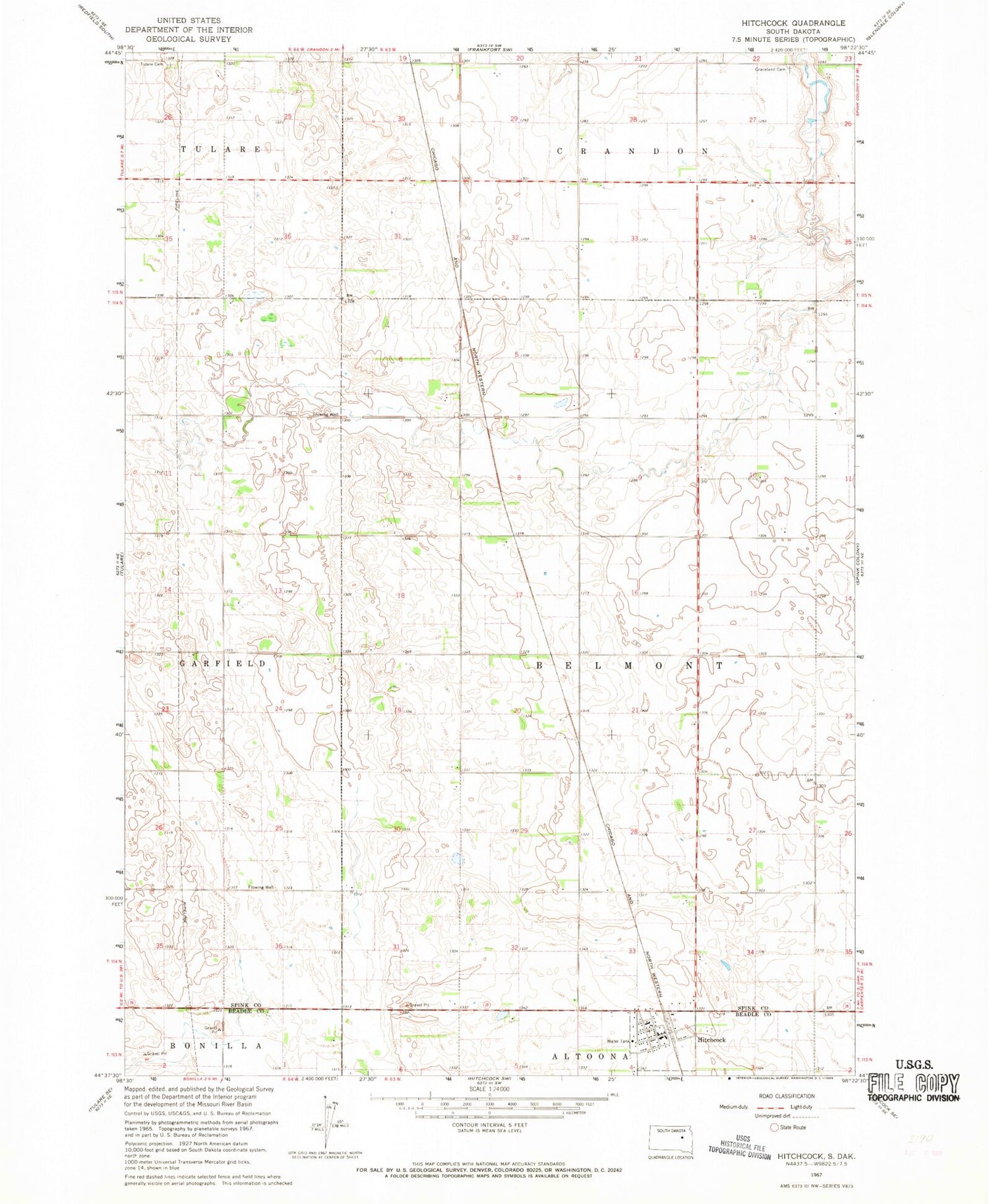 Classic USGS Hitchcock South Dakota 7.5'x7.5' Topo Map Image