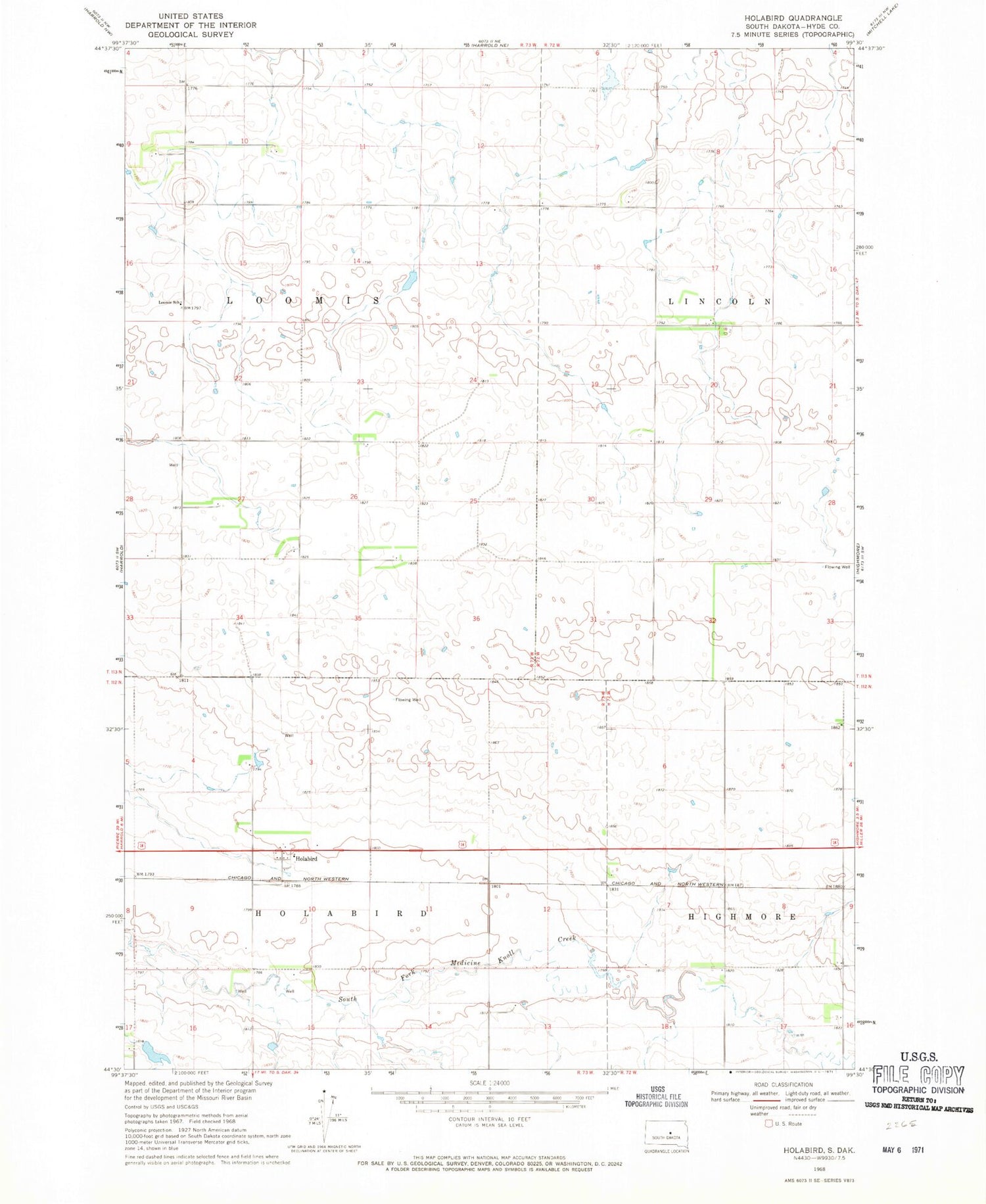 Classic USGS Holabird South Dakota 7.5'x7.5' Topo Map Image