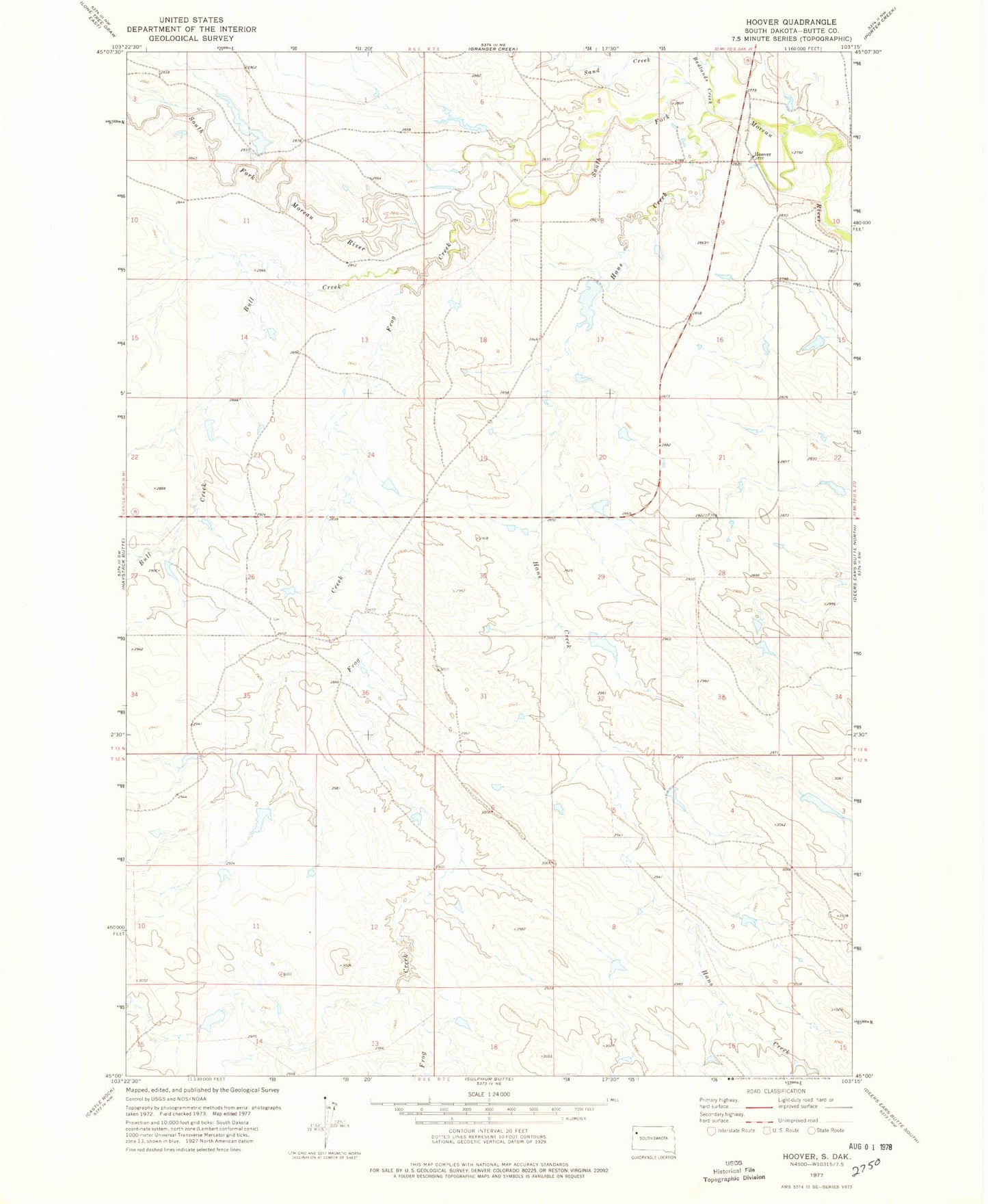 Classic USGS Hoover South Dakota 7.5'x7.5' Topo Map Image