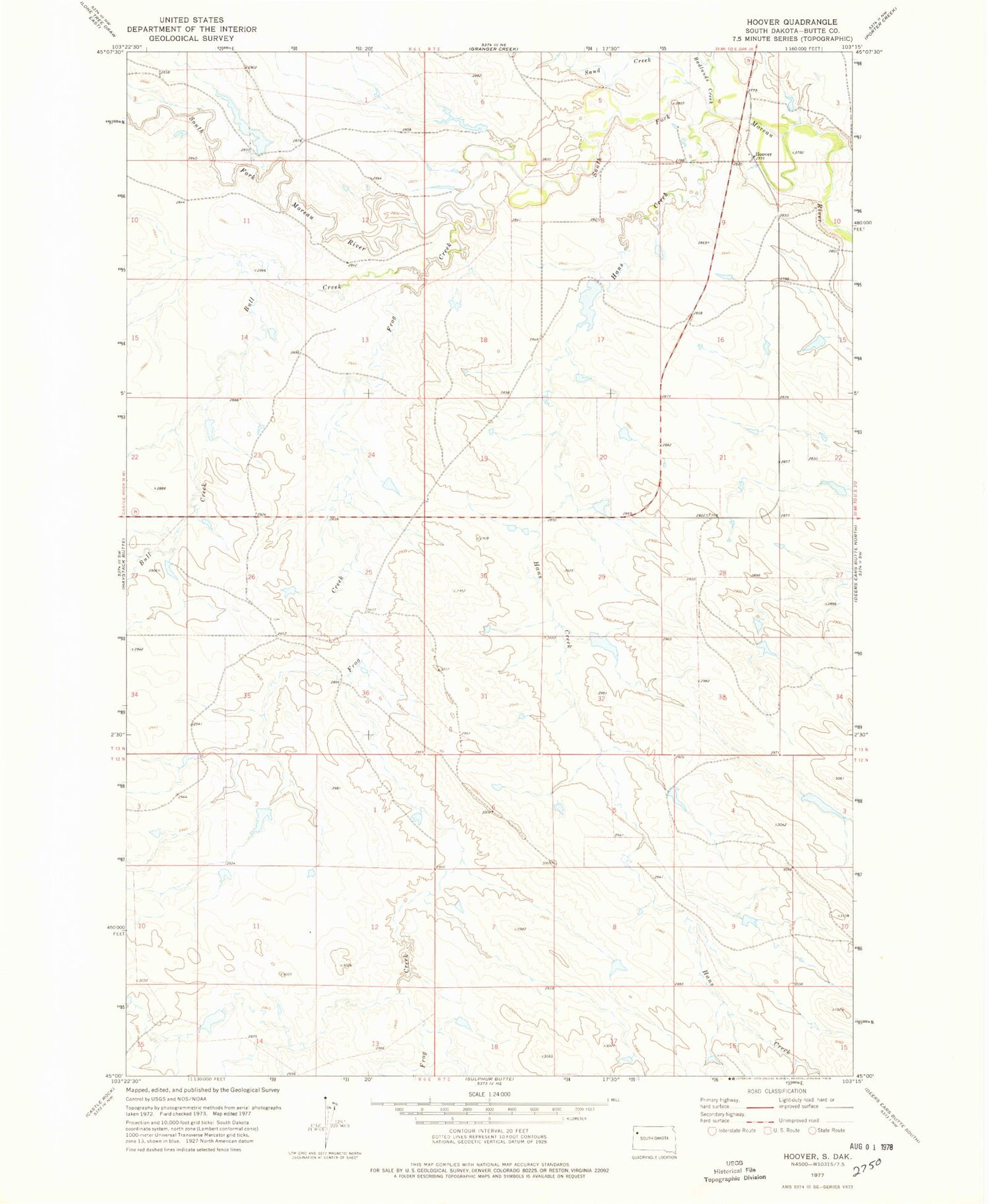 Classic USGS Hoover South Dakota 7.5'x7.5' Topo Map Image