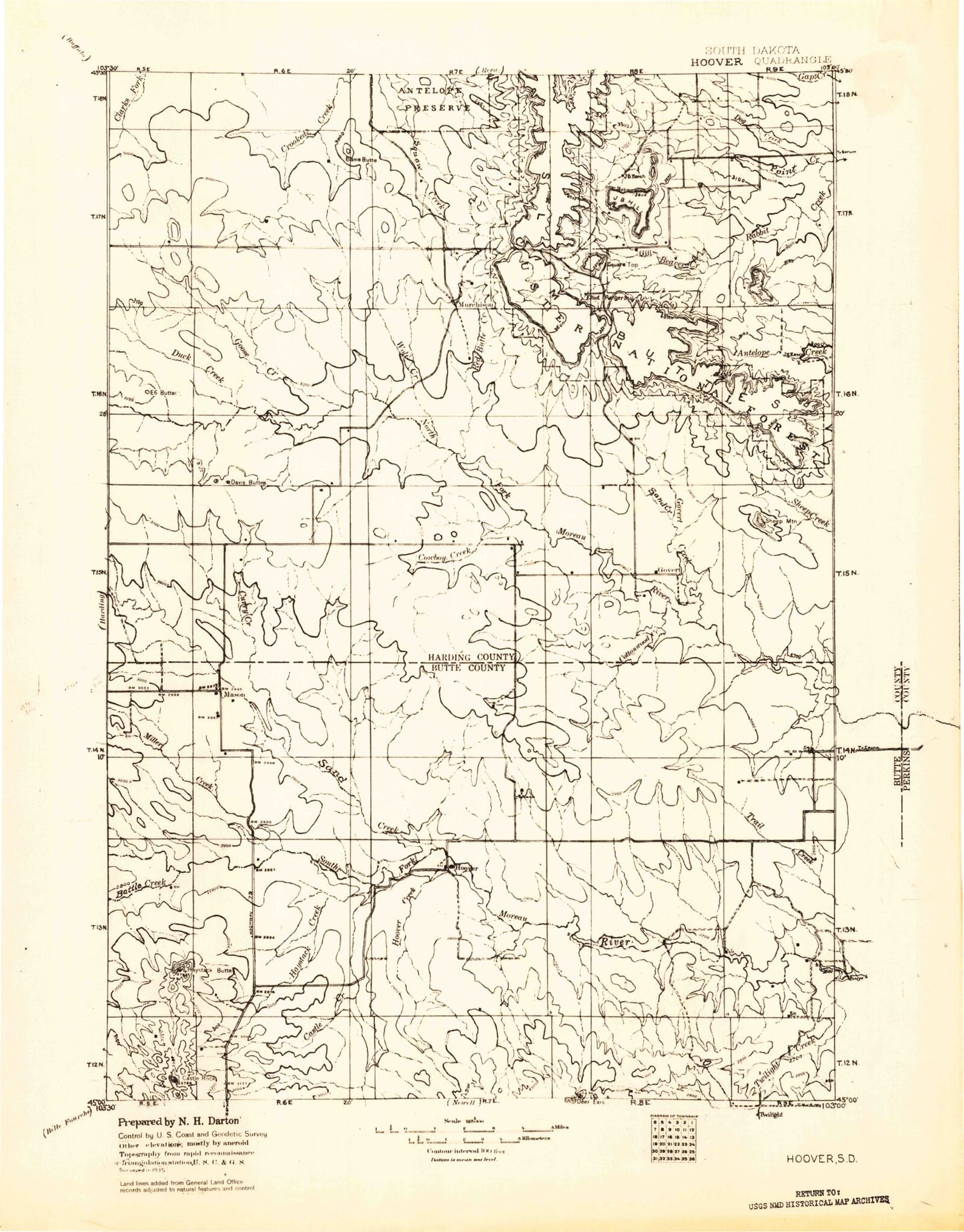 Historic 1935 Hoover South Dakota 30'x30' Topo Map Image