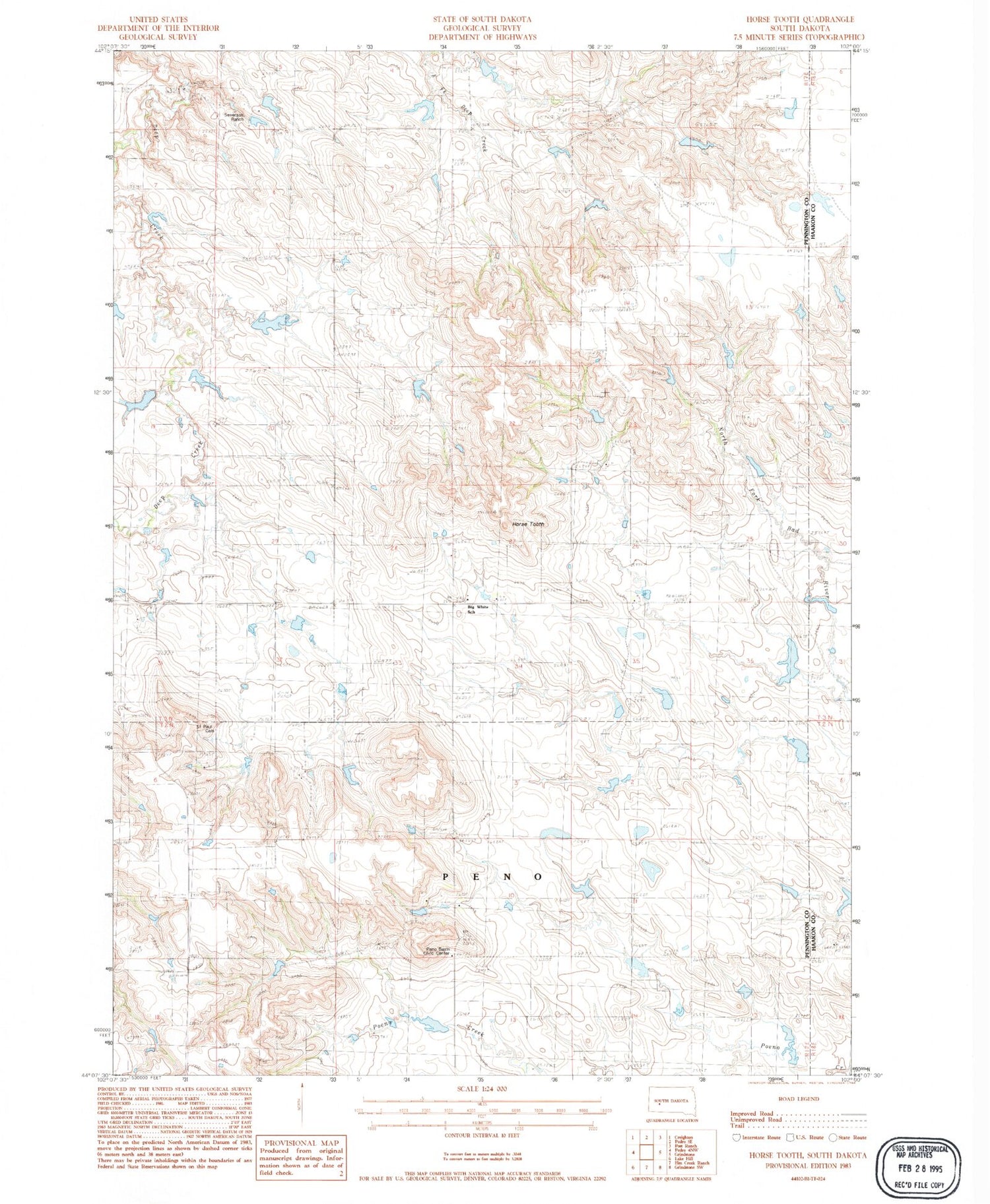 Classic USGS Horse Tooth South Dakota 7.5'x7.5' Topo Map Image