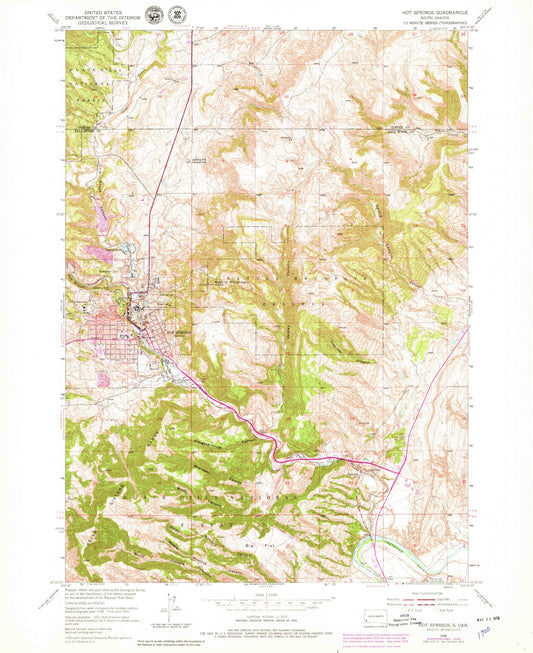 Classic USGS Hot Springs South Dakota 7.5'x7.5' Topo Map Image