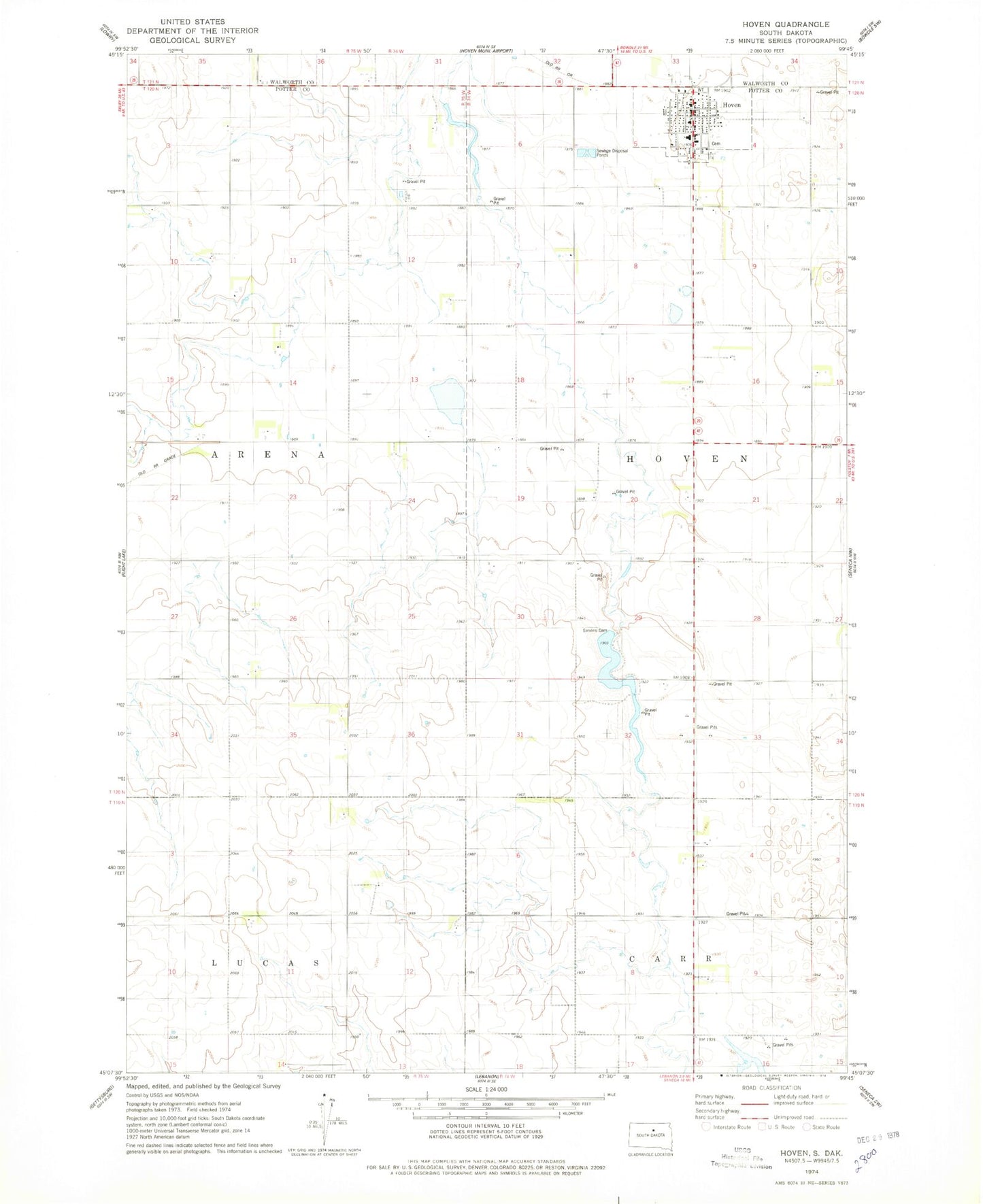 Classic USGS Hoven South Dakota 7.5'x7.5' Topo Map Image
