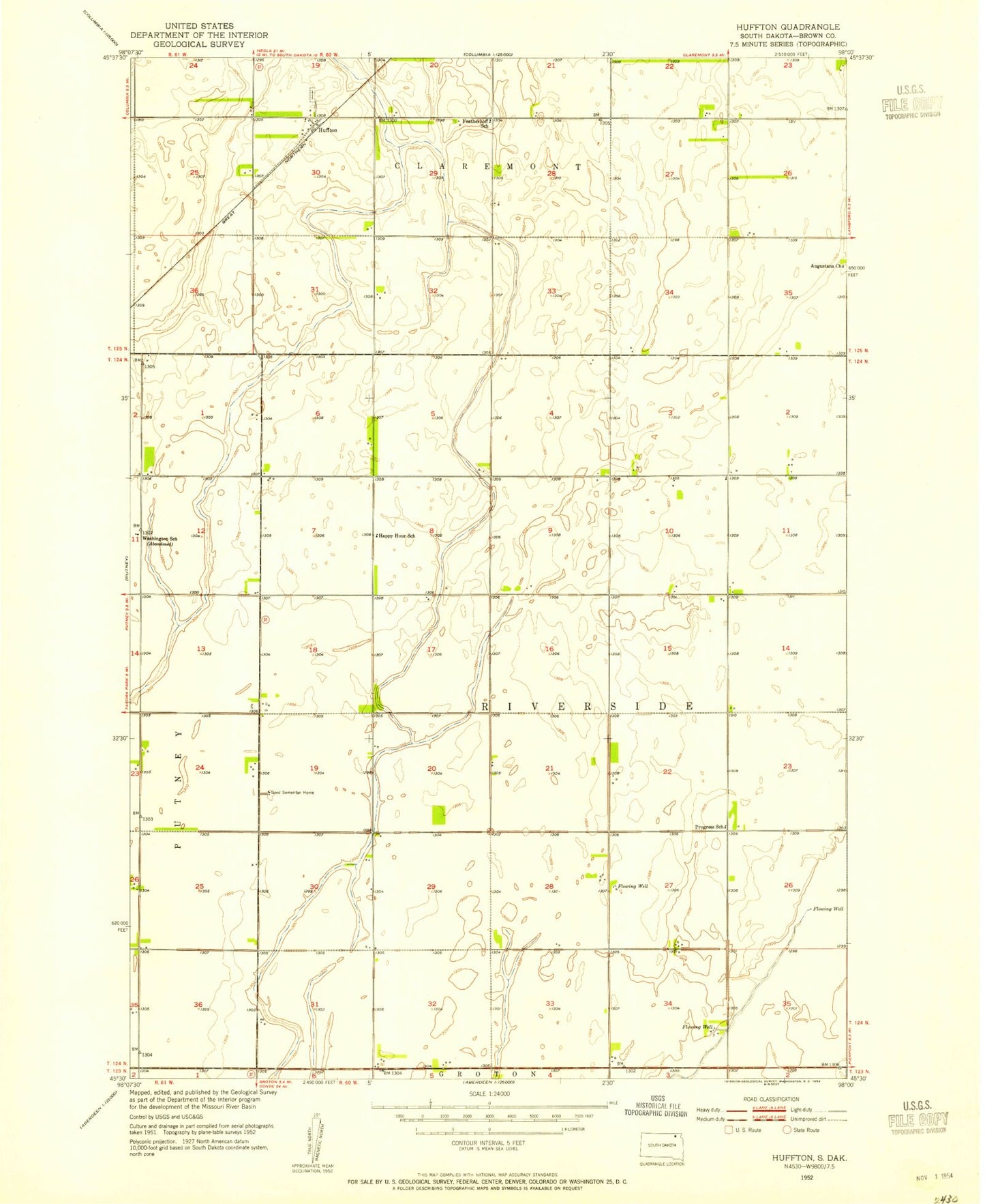 Classic USGS Huffton South Dakota 7.5'x7.5' Topo Map Image