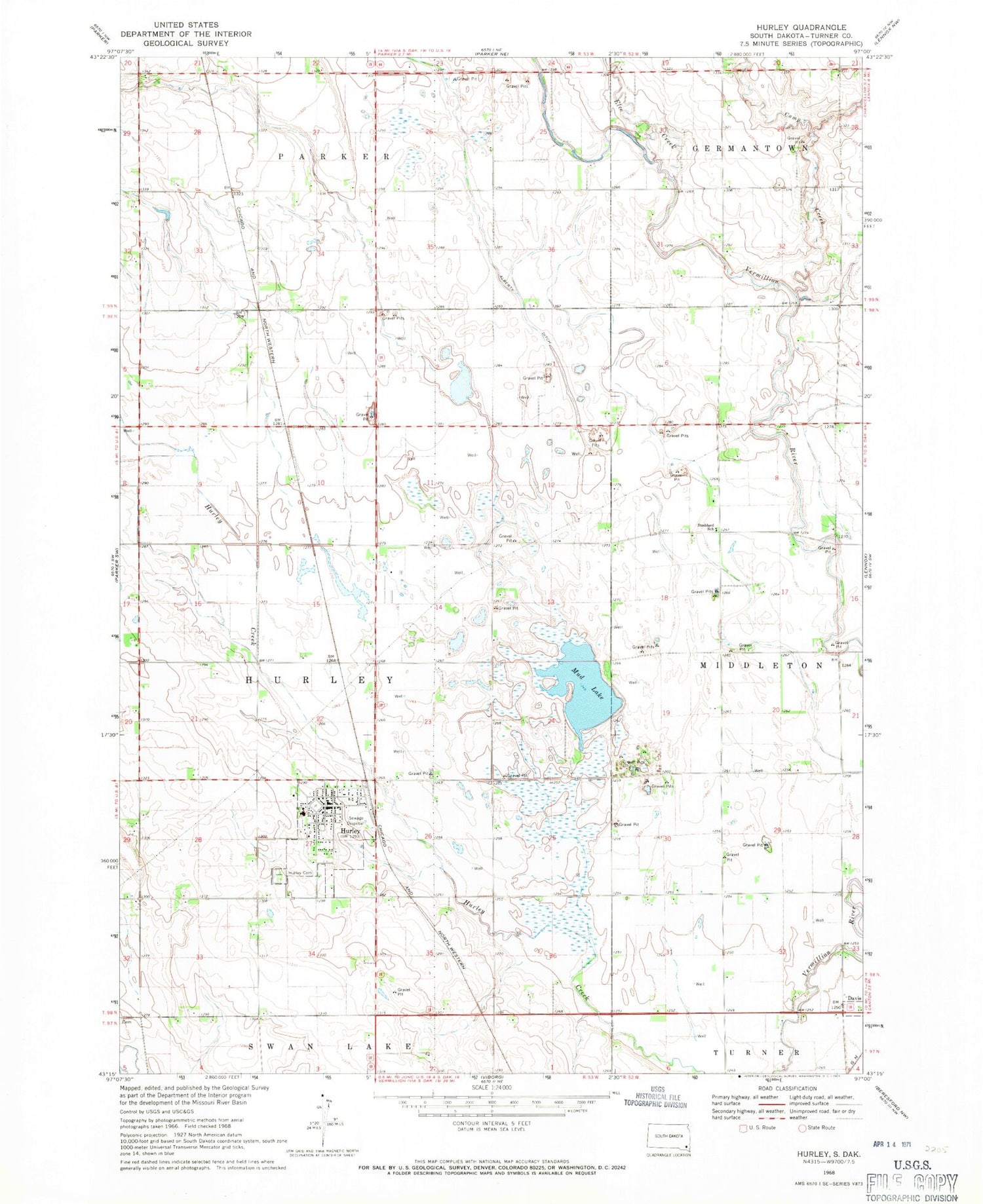 Classic USGS Hurley South Dakota 7.5'x7.5' Topo Map Image