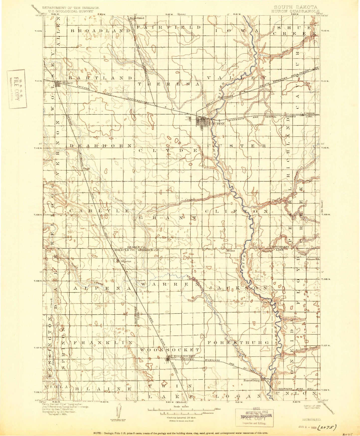Historic 1898 Huron South Dakota 30'x30' Topo Map Image