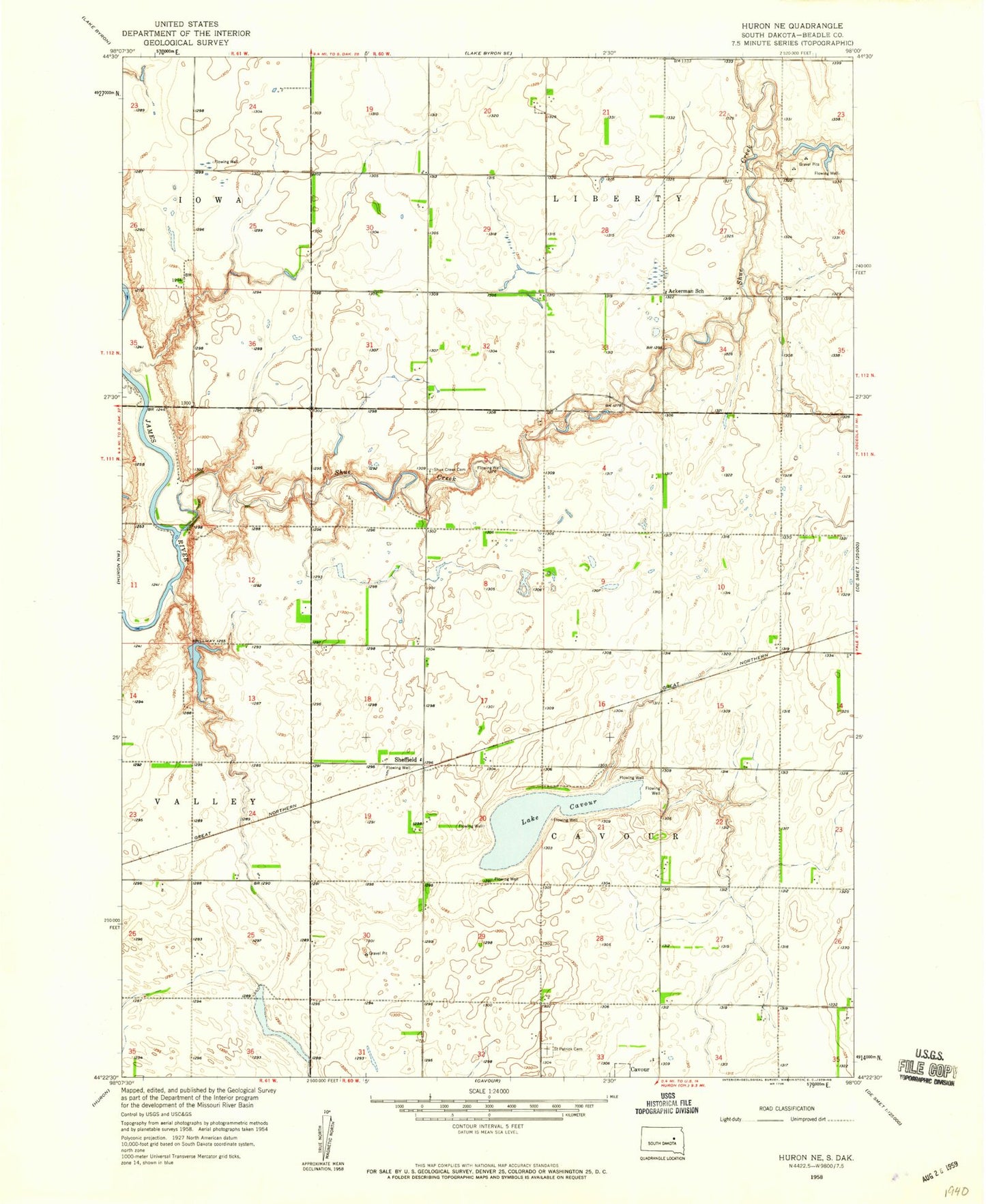 Classic USGS Huron NE South Dakota 7.5'x7.5' Topo Map Image