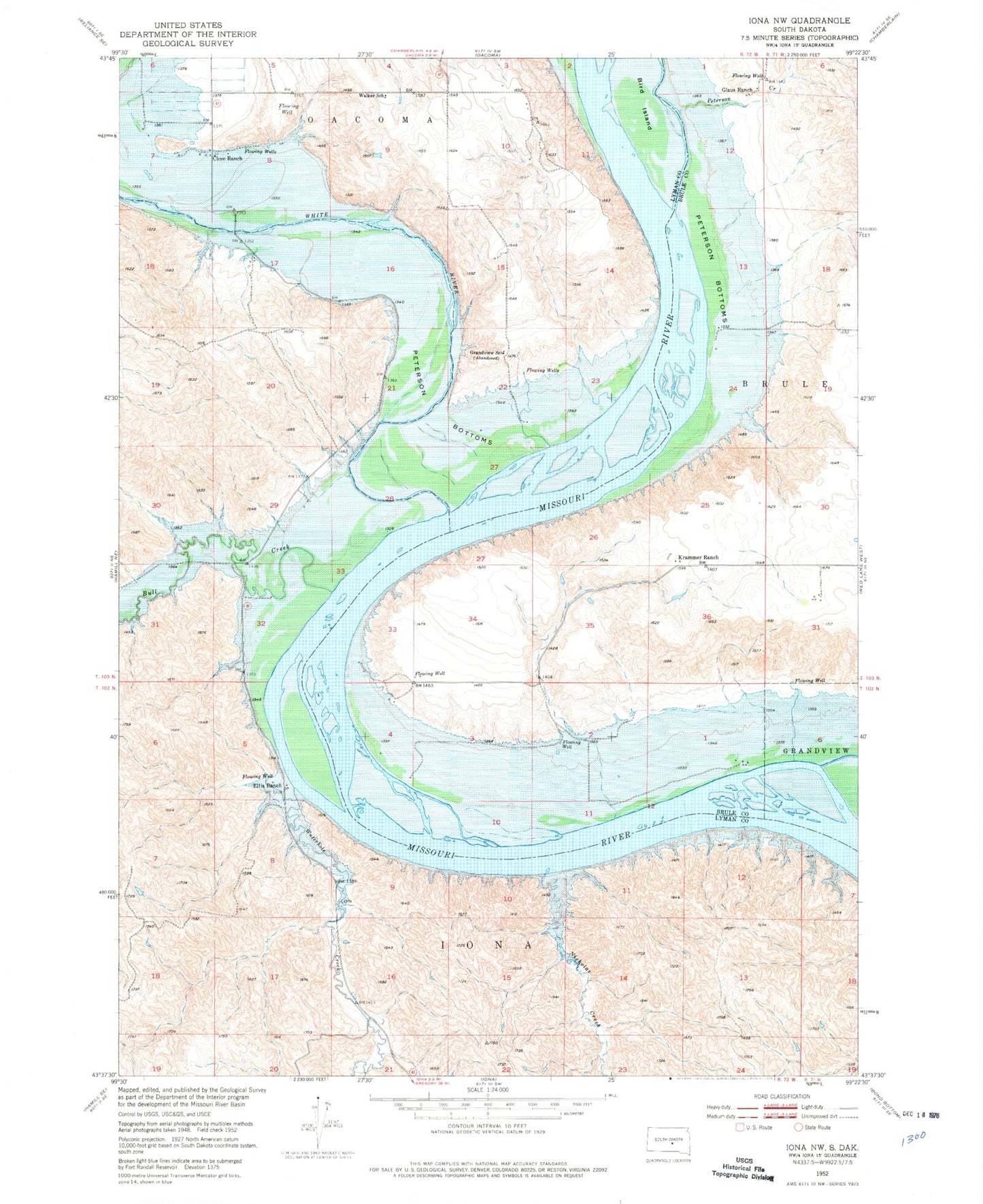 Classic USGS Iona NW South Dakota 7.5'x7.5' Topo Map Image