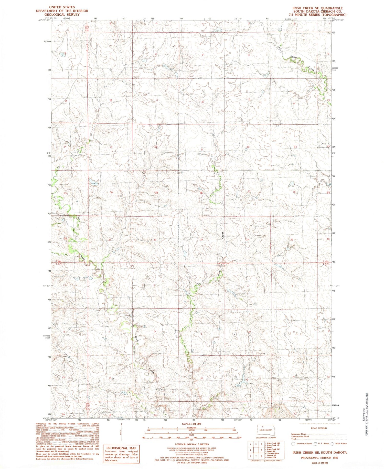 Classic USGS Irish Creek SE South Dakota 7.5'x7.5' Topo Map Image