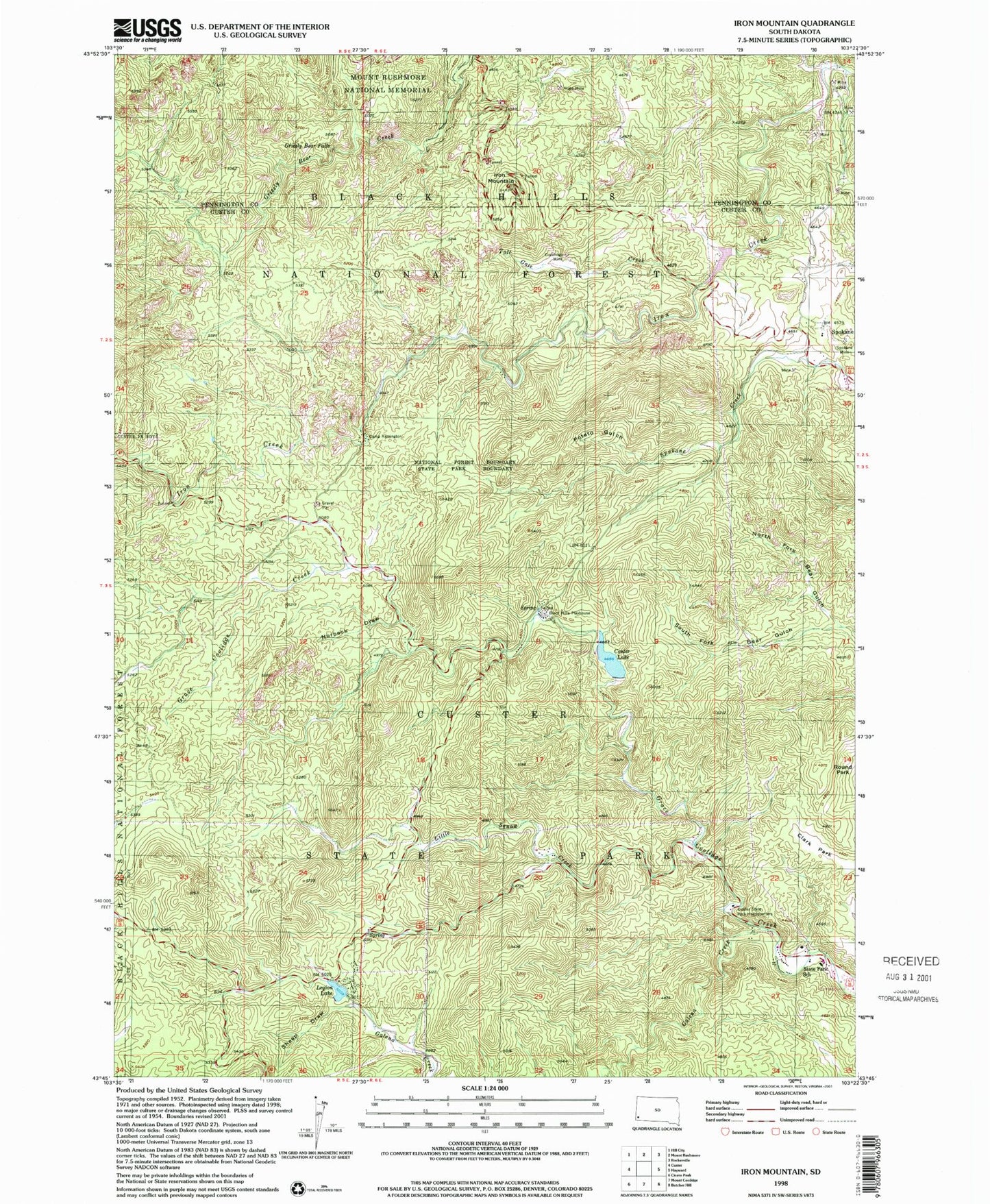 Classic USGS Iron Mountain South Dakota 7.5'x7.5' Topo Map Image