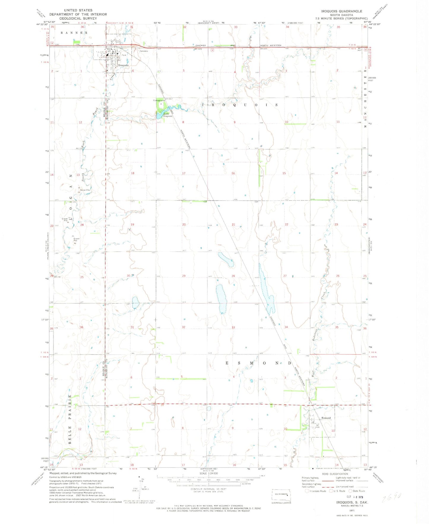Classic USGS Iroquois South Dakota 7.5'x7.5' Topo Map Image