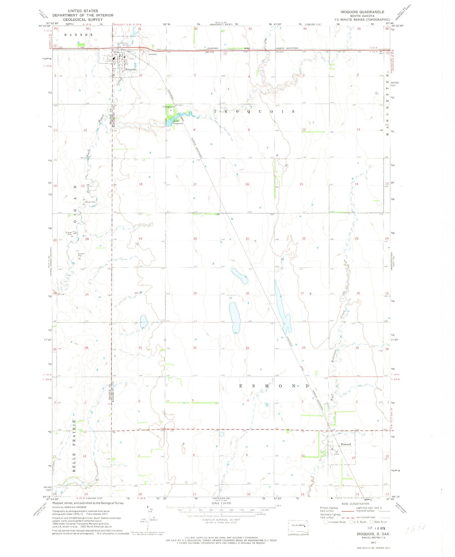 Classic USGS Iroquois South Dakota 7.5'x7.5' Topo Map Image