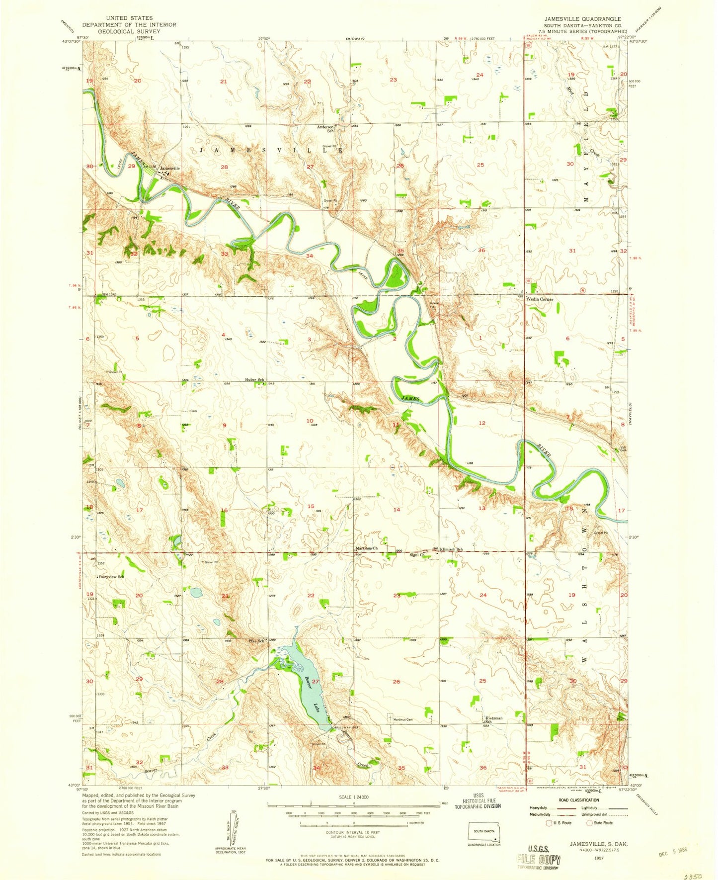 Classic USGS Jamesville South Dakota 7.5'x7.5' Topo Map Image