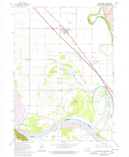 Classic USGS Jefferson South Dakota 7.5'x7.5' Topo Map Image