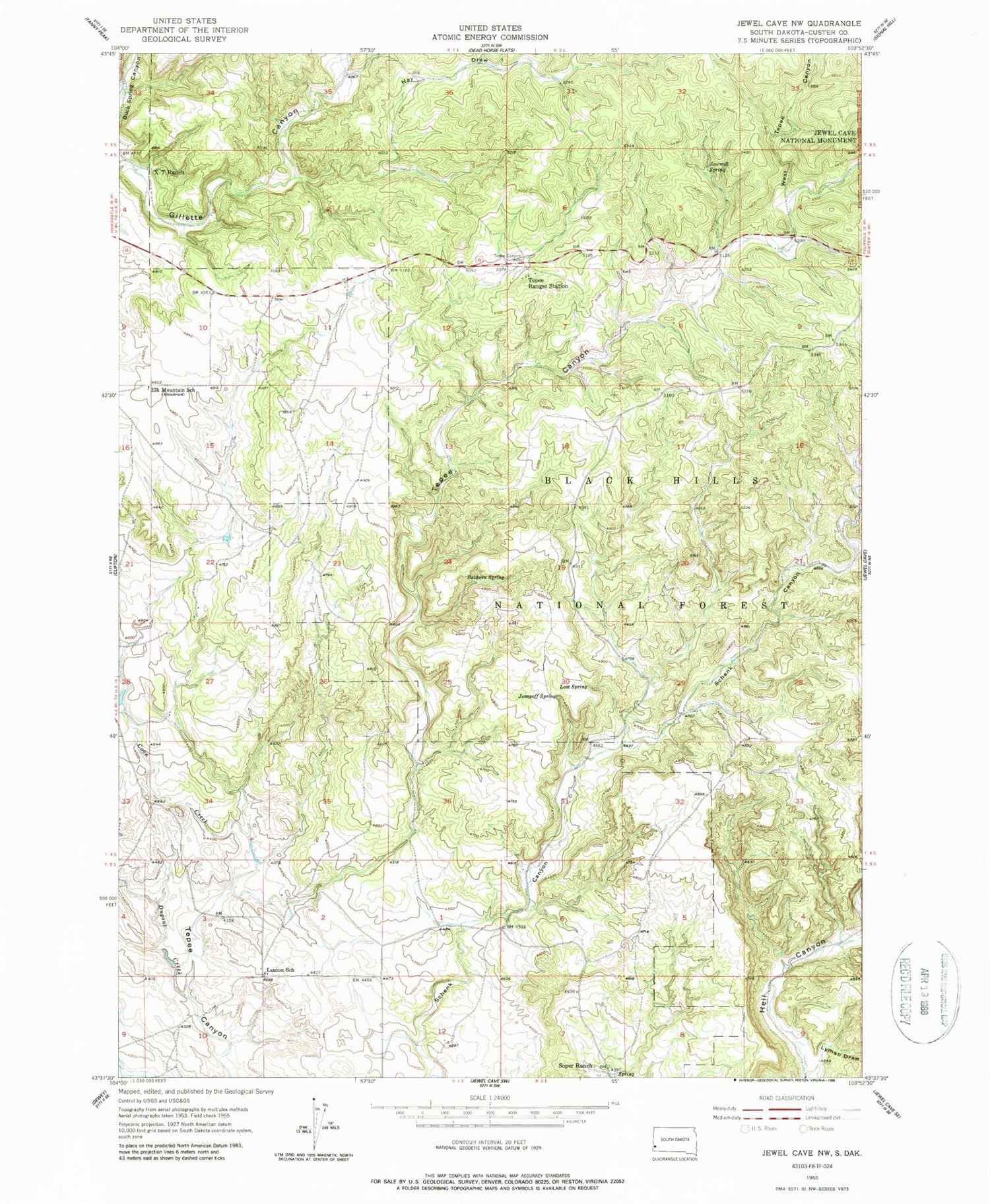 Classic USGS Jewel Cave NW South Dakota 7.5'x7.5' Topo Map Image