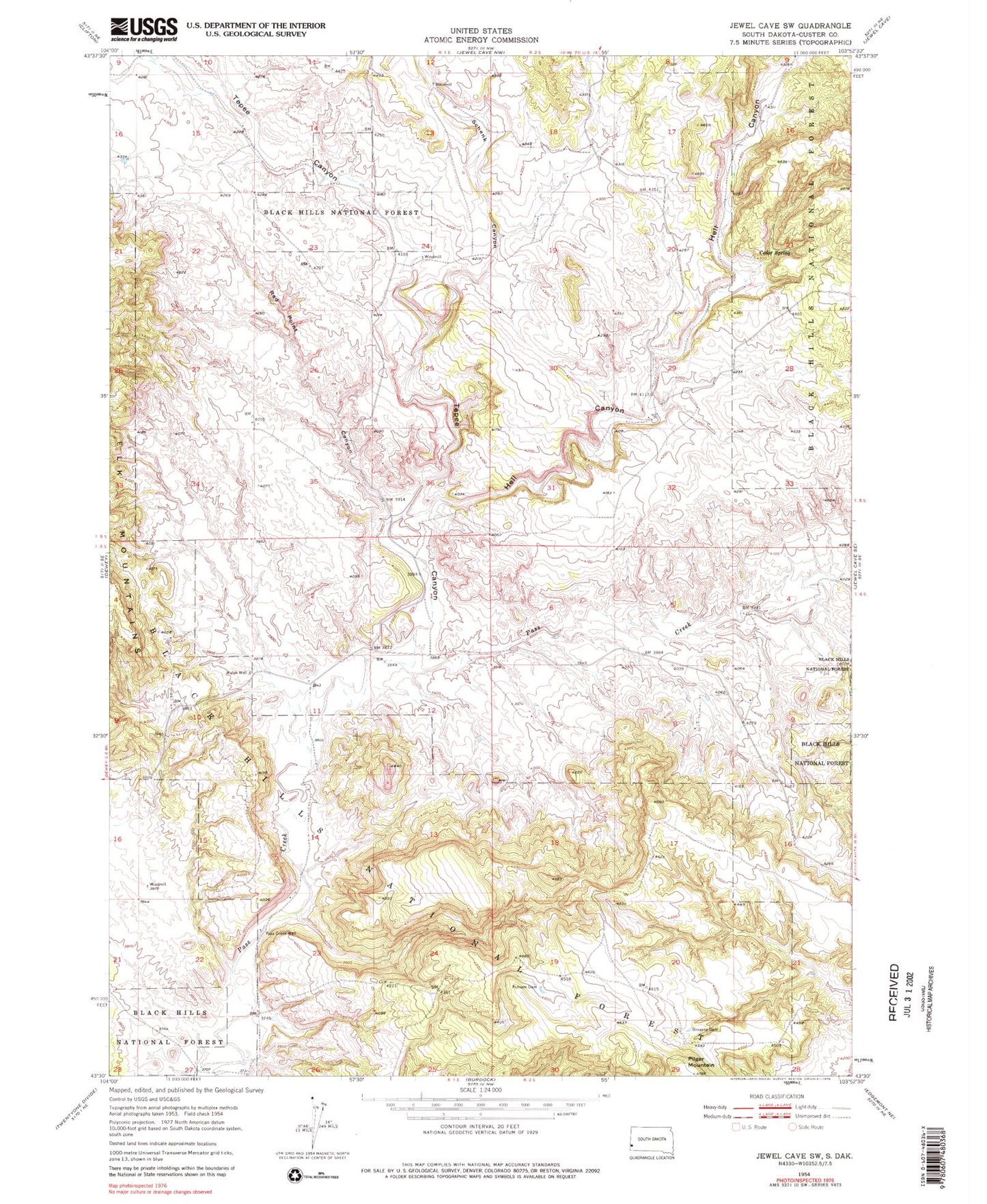 Classic USGS Jewel Cave SW South Dakota 7.5'x7.5' Topo Map Image