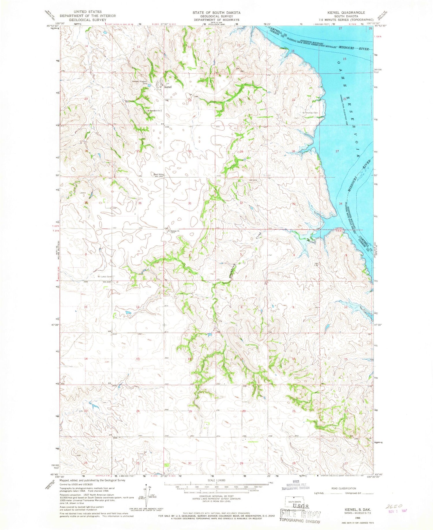 Classic USGS Kenel South Dakota 7.5'x7.5' Topo Map Image