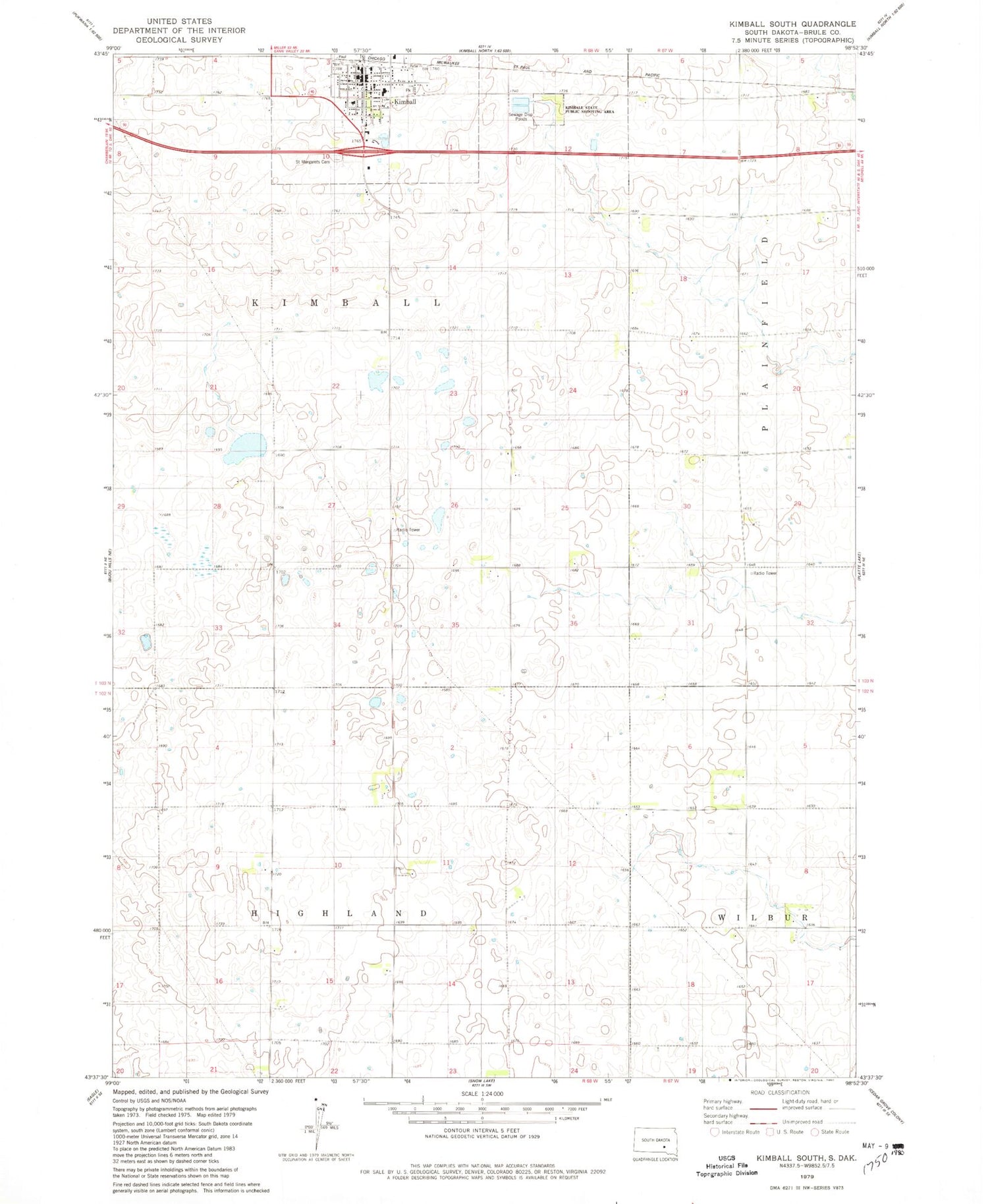 Classic USGS Kimball South South Dakota 7.5'x7.5' Topo Map Image