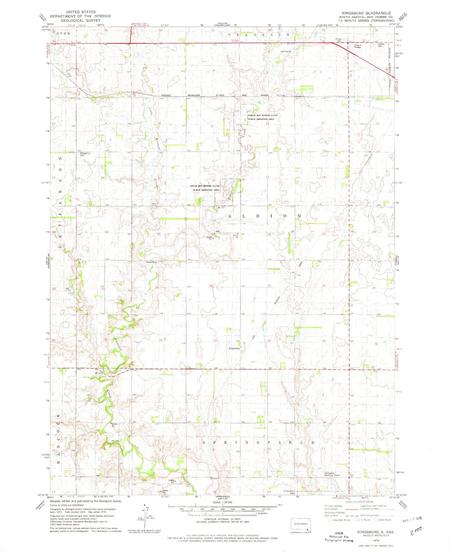 Classic USGS Kingsburg South Dakota 7.5'x7.5' Topo Map Image