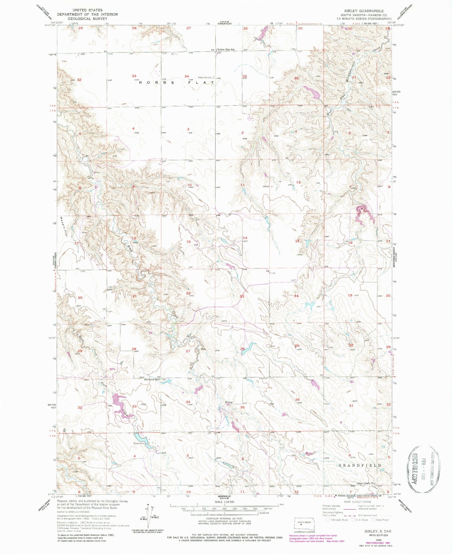 Classic USGS Kirley South Dakota 7.5'x7.5' Topo Map Image