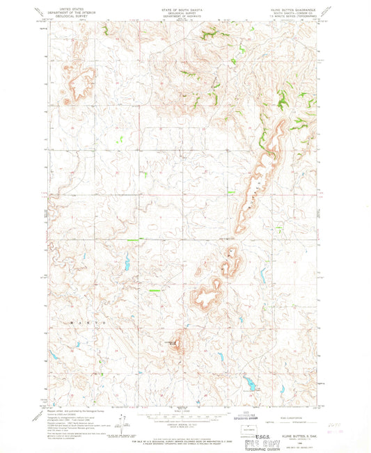 Classic USGS Kline Buttes South Dakota 7.5'x7.5' Topo Map Image