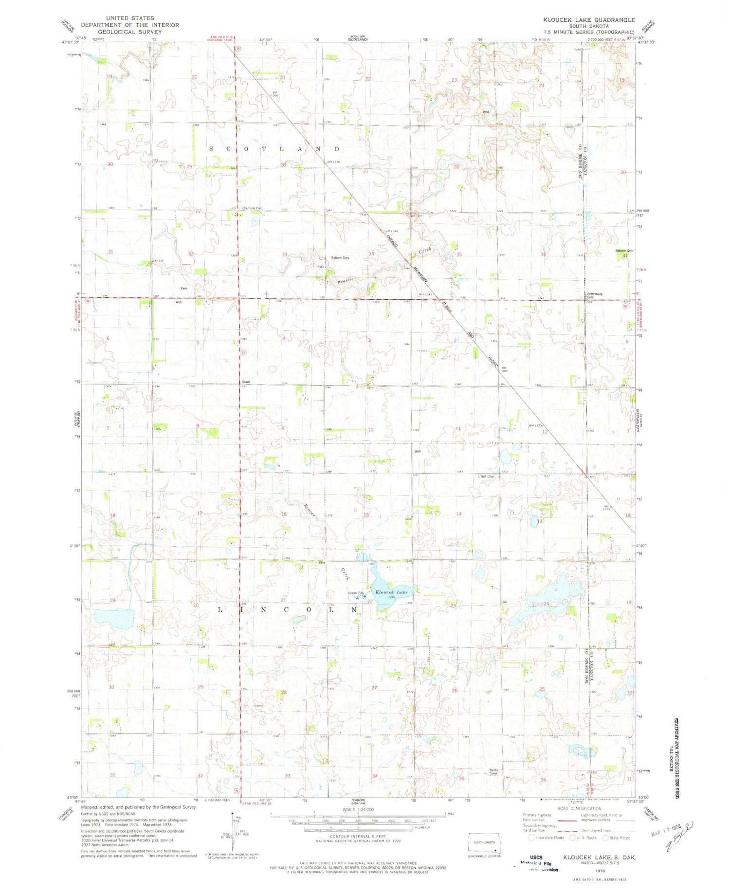 Classic USGS Kloucek Lake South Dakota 7.5'x7.5' Topo Map Image