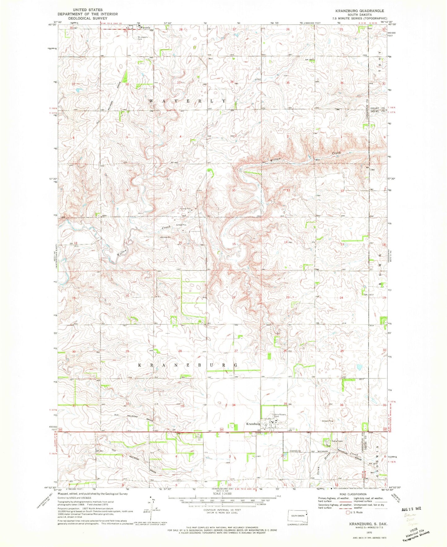 Classic USGS Kranzburg South Dakota 7.5'x7.5' Topo Map Image
