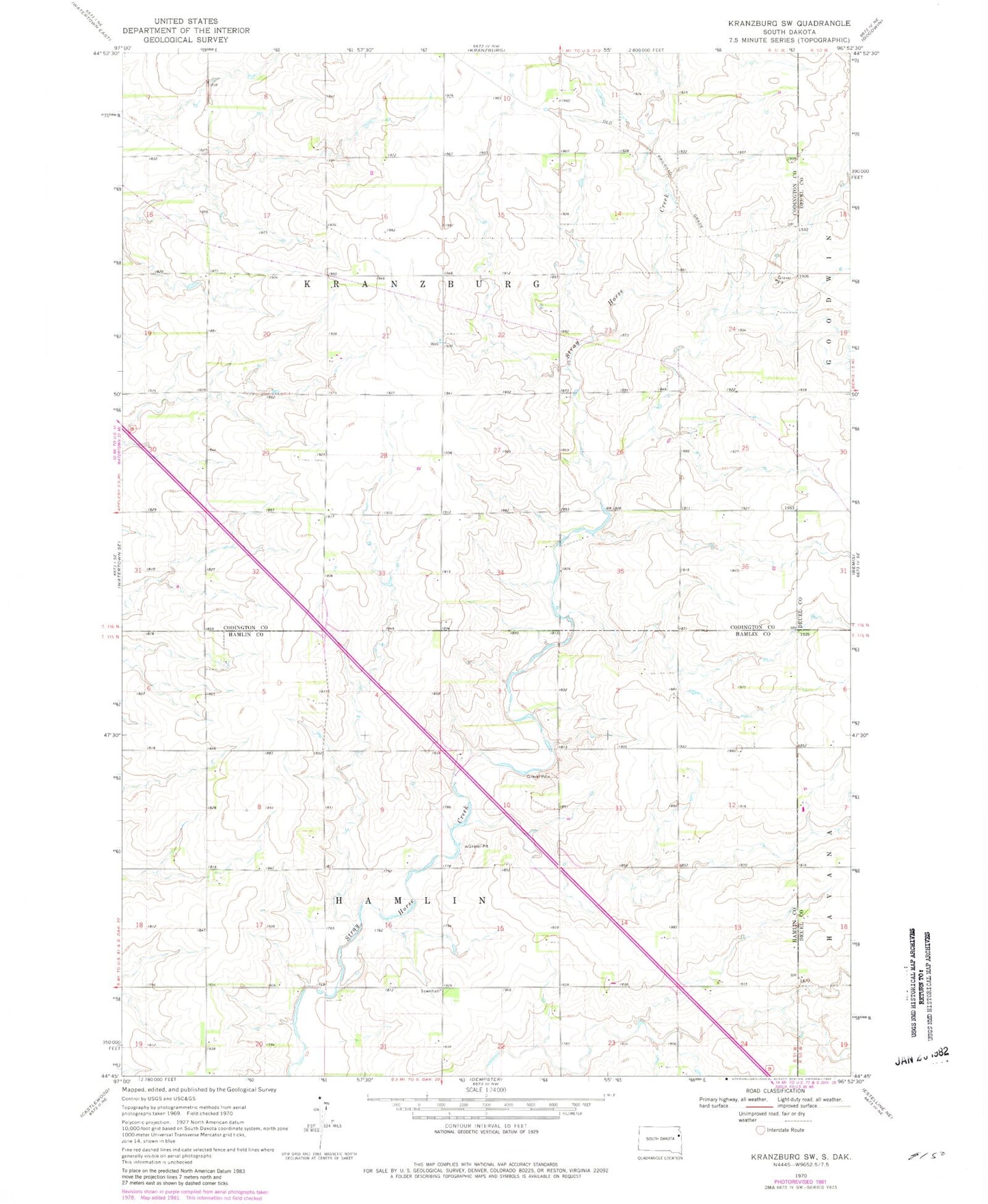 Classic USGS Kranzburg SW South Dakota 7.5'x7.5' Topo Map Image
