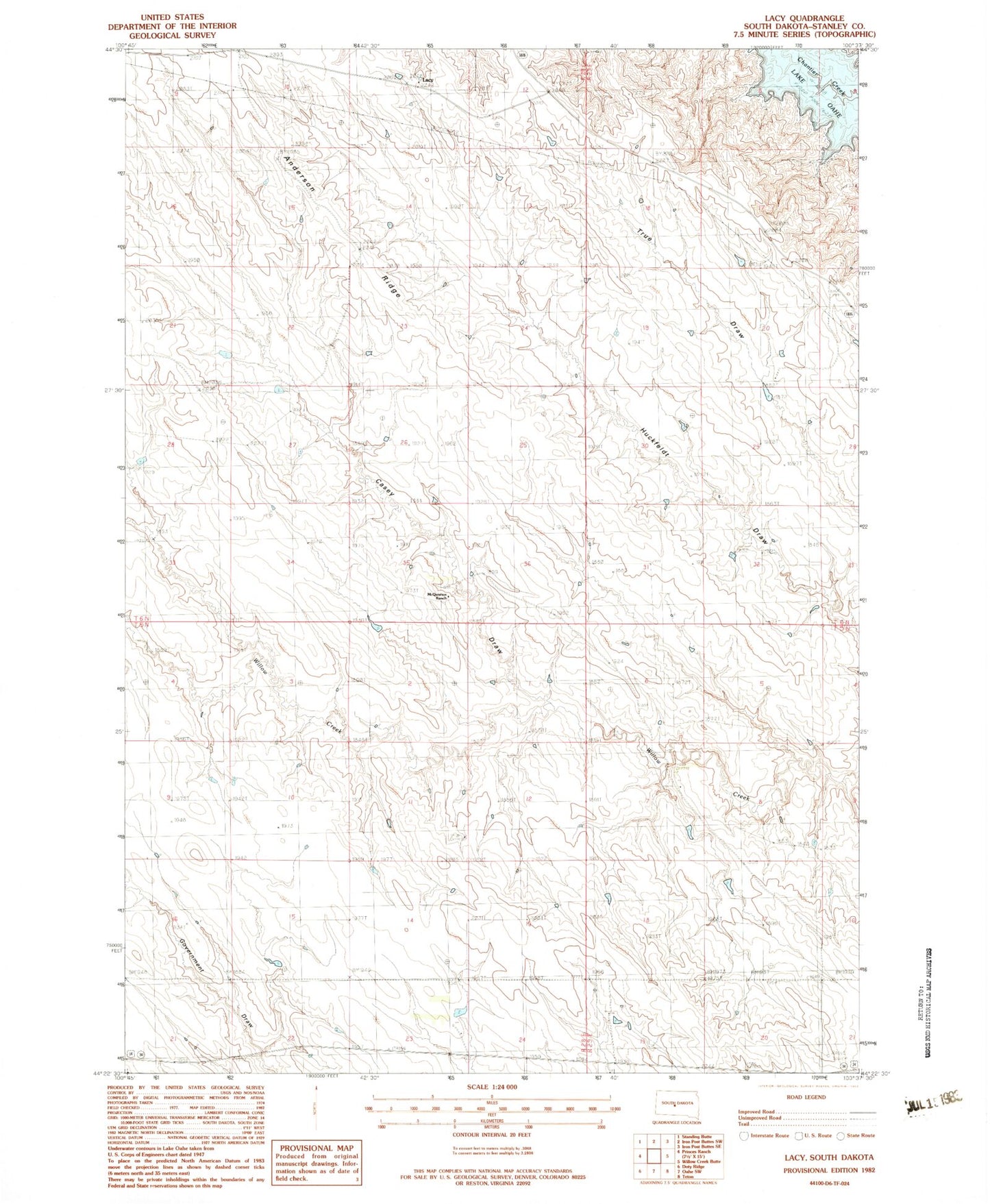 Classic USGS Lacy South Dakota 7.5'x7.5' Topo Map Image
