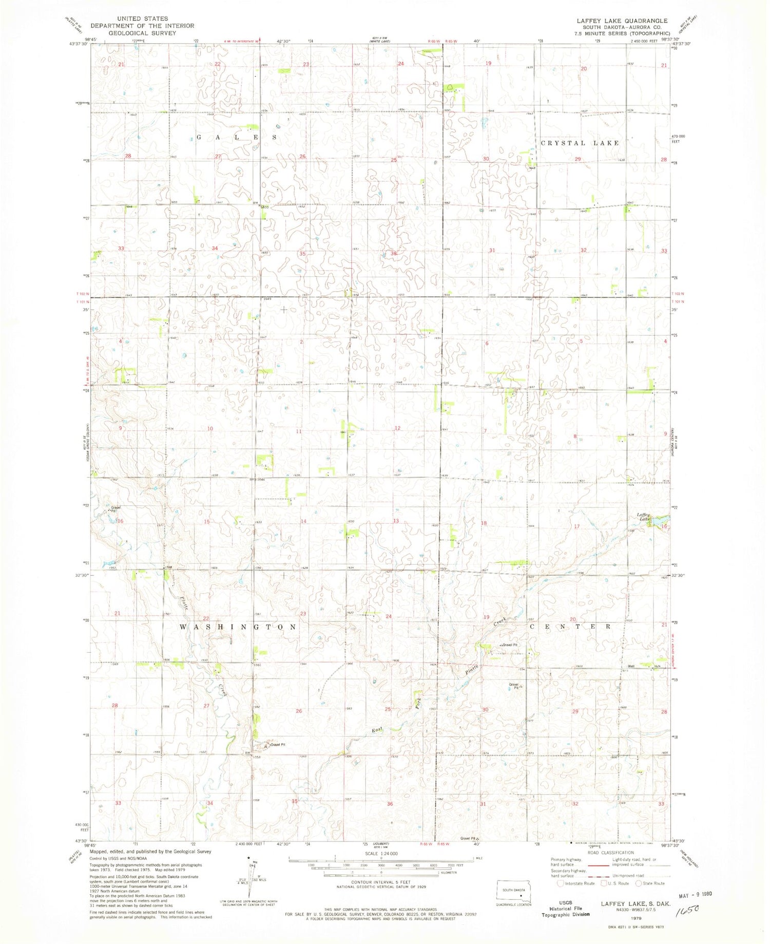 Classic USGS Laffey Lake South Dakota 7.5'x7.5' Topo Map Image