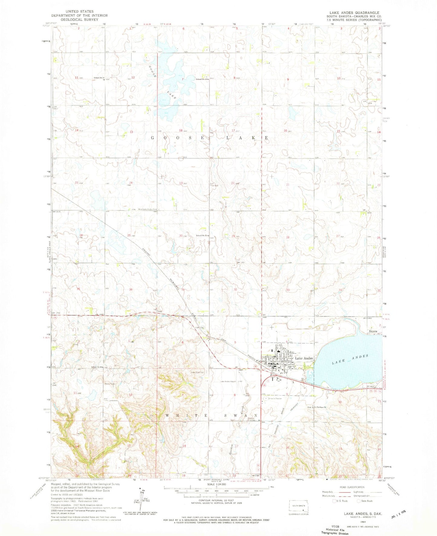 Classic USGS Lake Andes South Dakota 7.5'x7.5' Topo Map Image