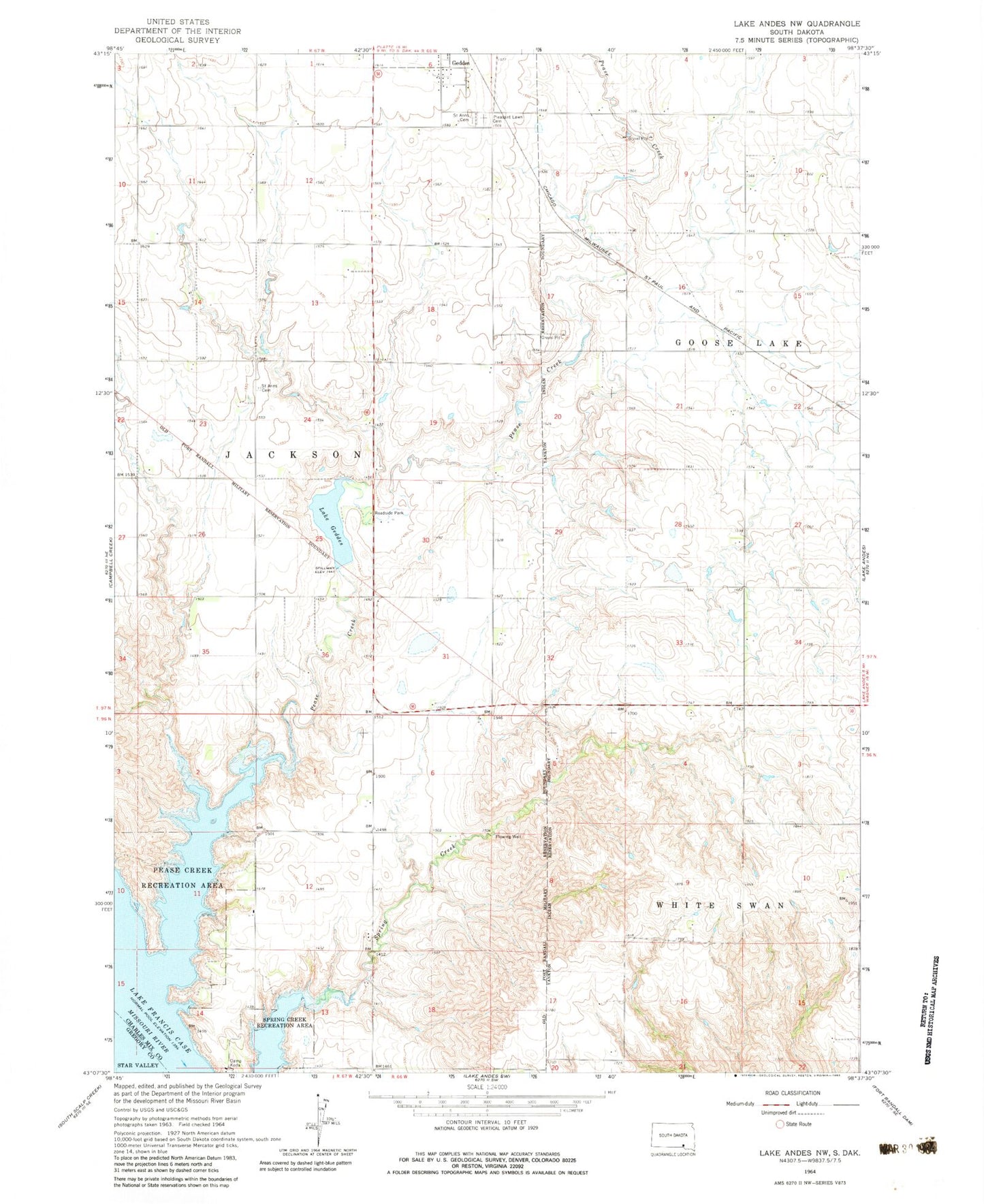 Classic USGS Lake Andes NW South Dakota 7.5'x7.5' Topo Map Image
