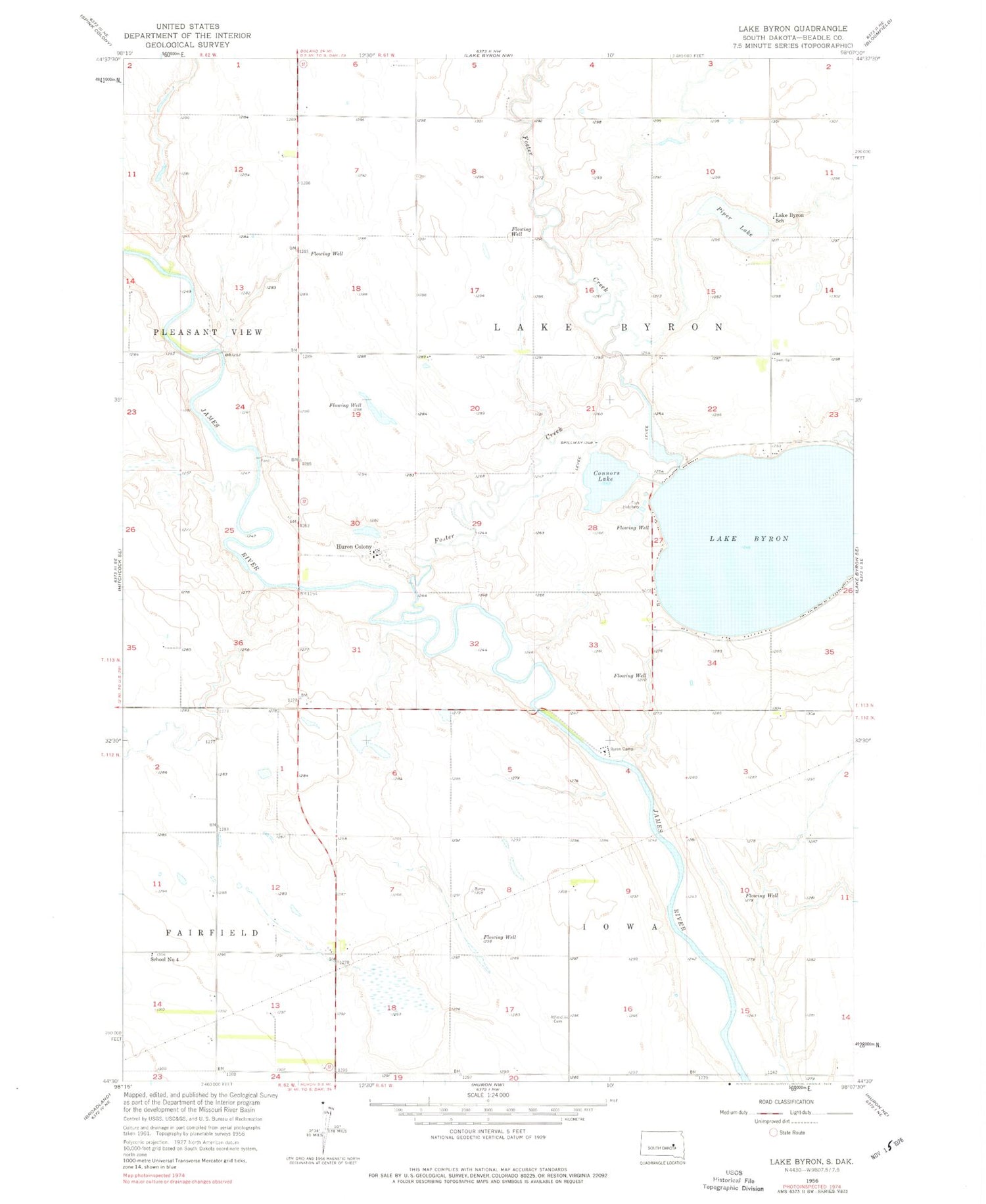 Classic USGS Lake Byron South Dakota 7.5'x7.5' Topo Map Image