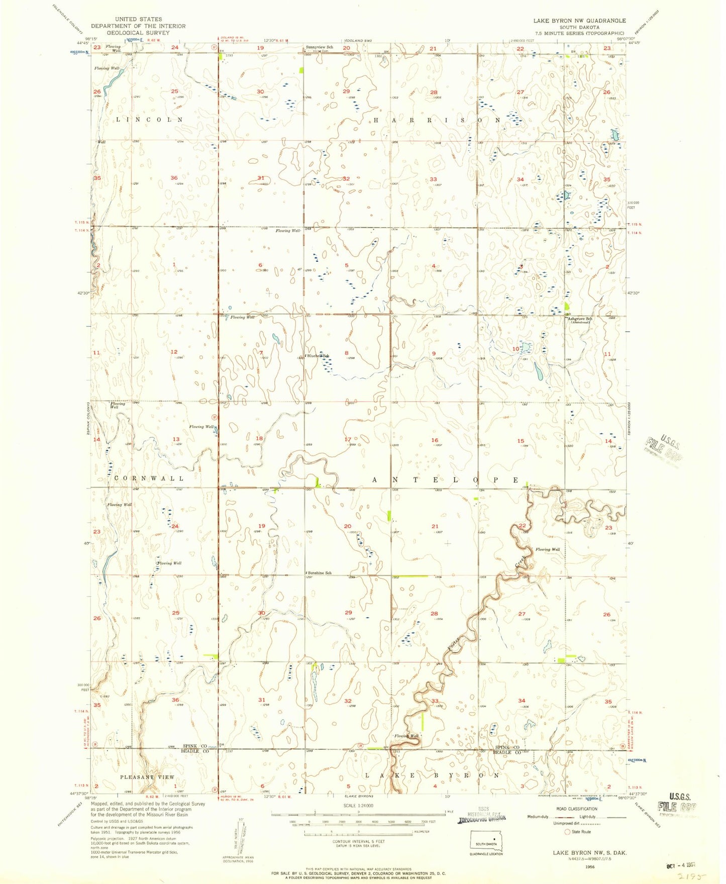 Classic USGS Lake Byron NW South Dakota 7.5'x7.5' Topo Map Image