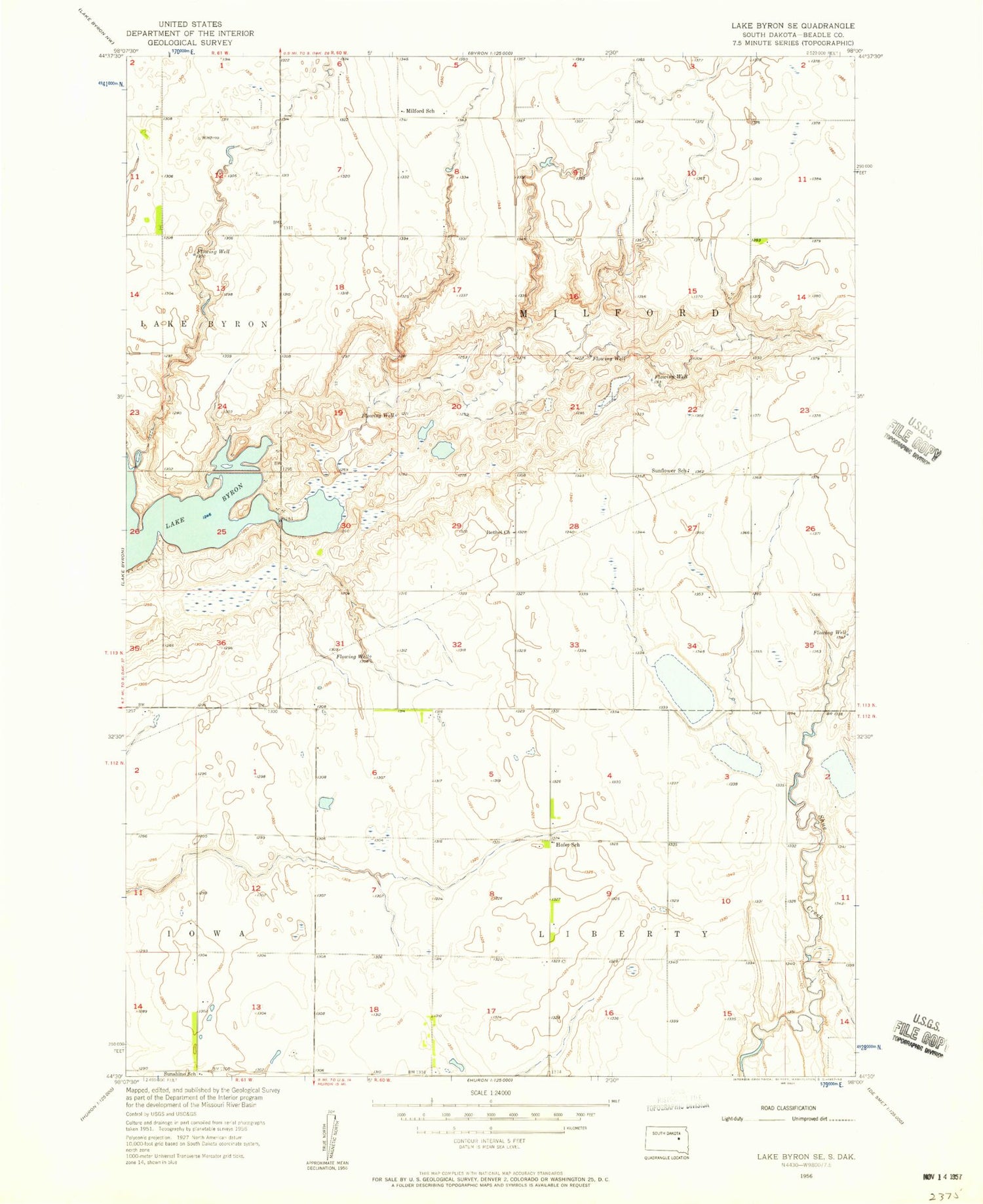 Classic USGS Lake Byron SE South Dakota 7.5'x7.5' Topo Map Image