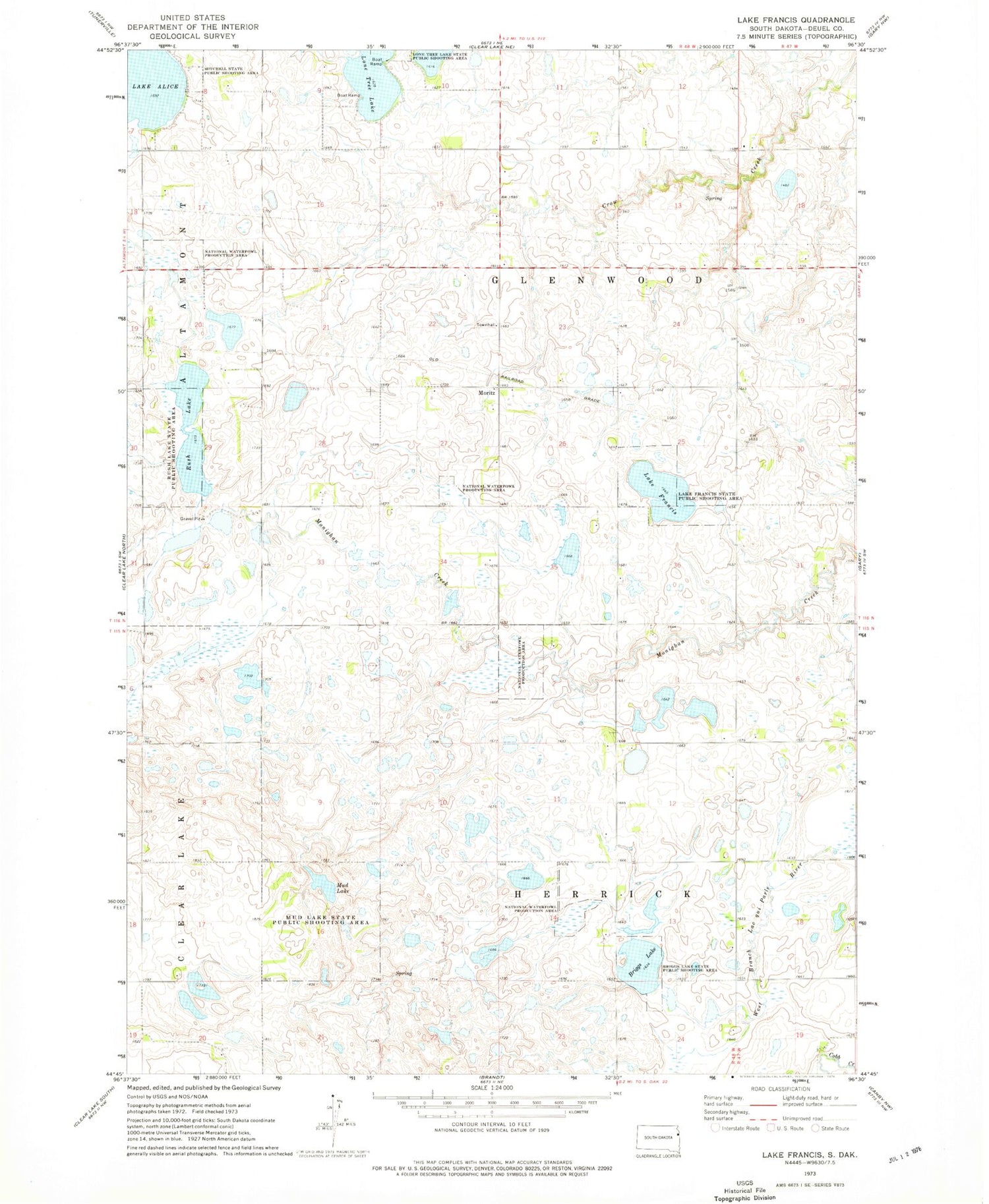 Classic USGS Lake Francis South Dakota 7.5'x7.5' Topo Map Image