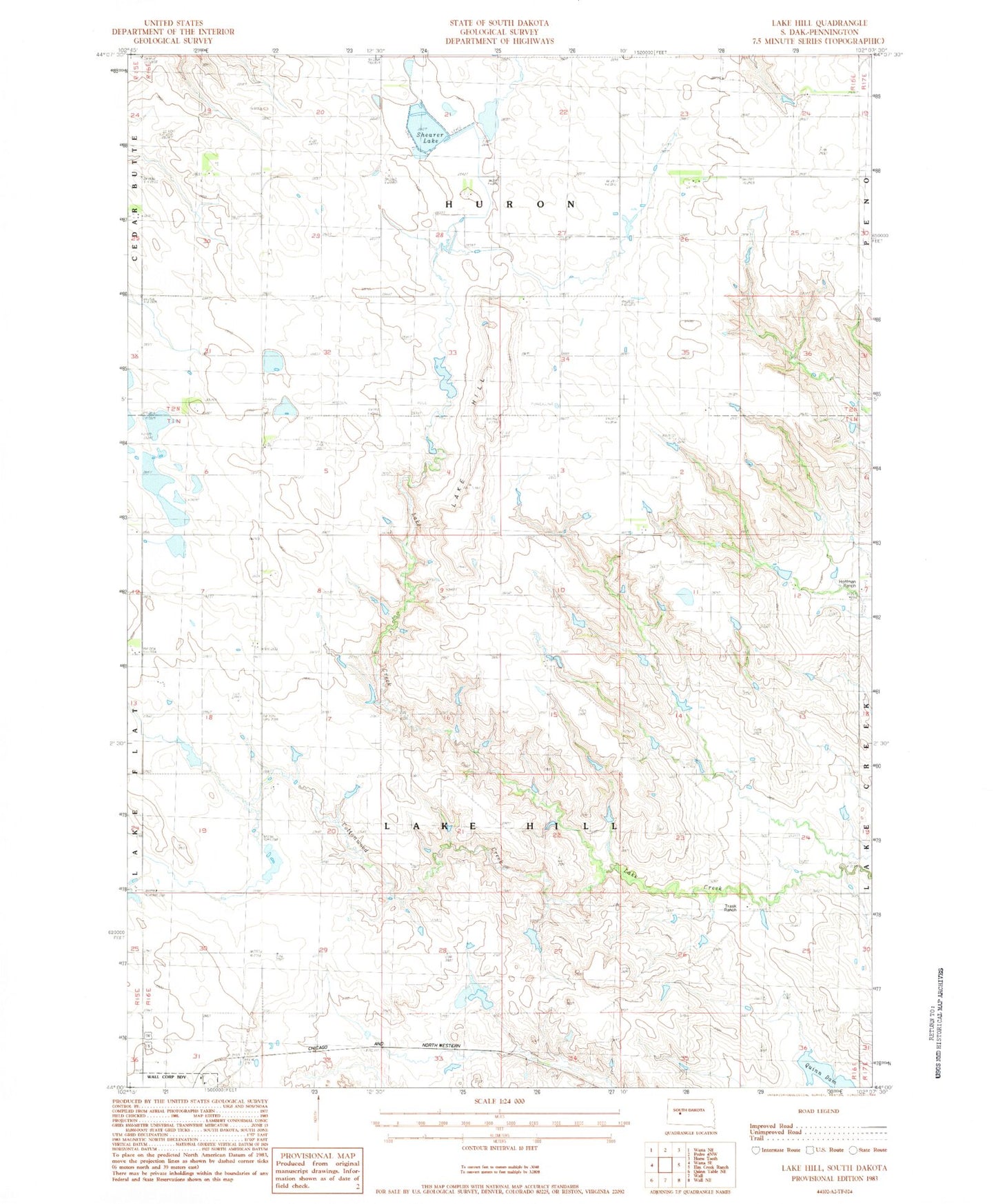 Classic USGS Lake Hill South Dakota 7.5'x7.5' Topo Map Image