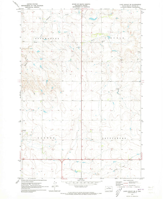 Classic USGS Lake Hurley SE South Dakota 7.5'x7.5' Topo Map Image