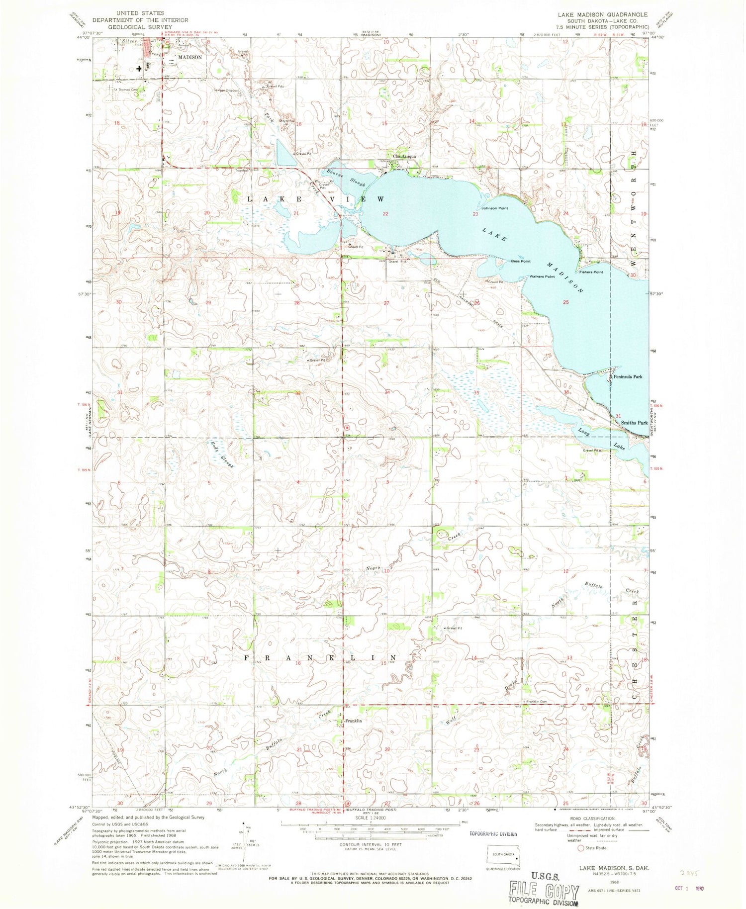 Classic USGS Lake Madison South Dakota 7.5'x7.5' Topo Map Image