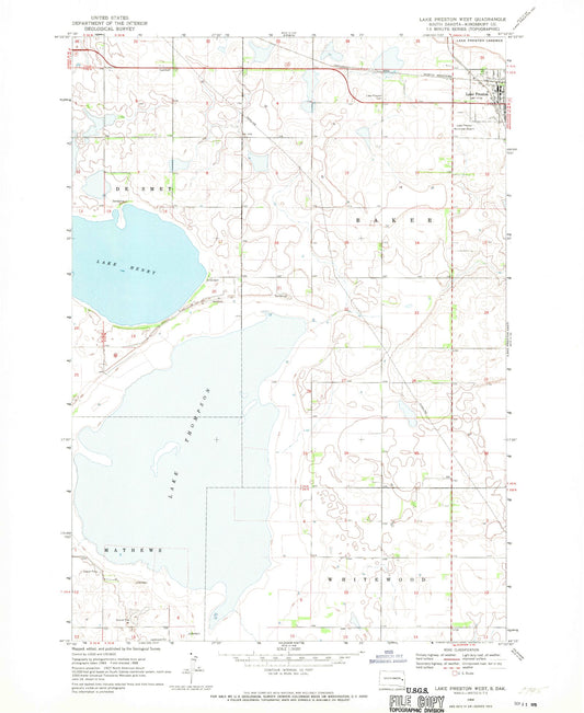Classic USGS Lake Preston West South Dakota 7.5'x7.5' Topo Map Image