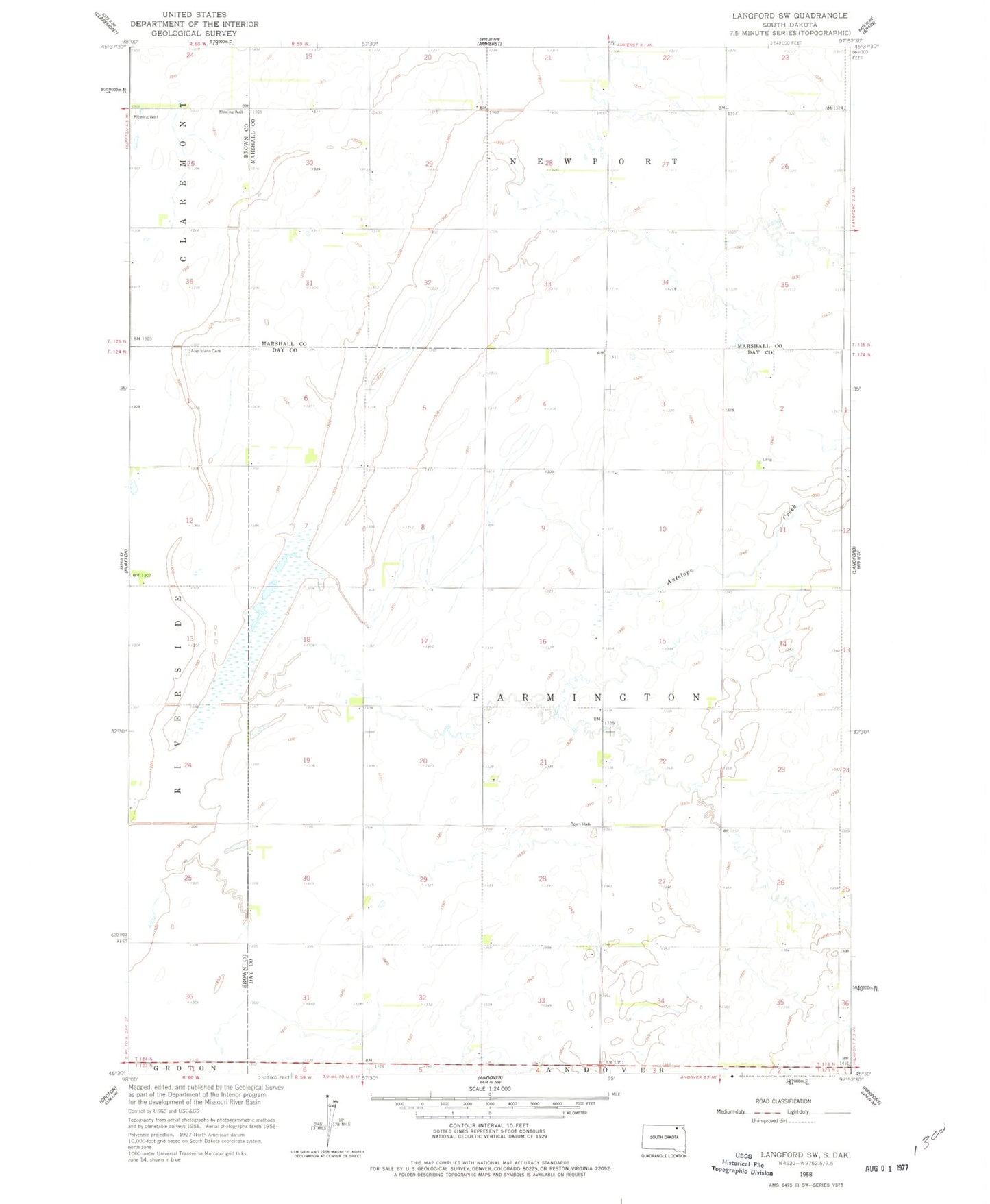 Classic USGS Langford SW South Dakota 7.5'x7.5' Topo Map Image