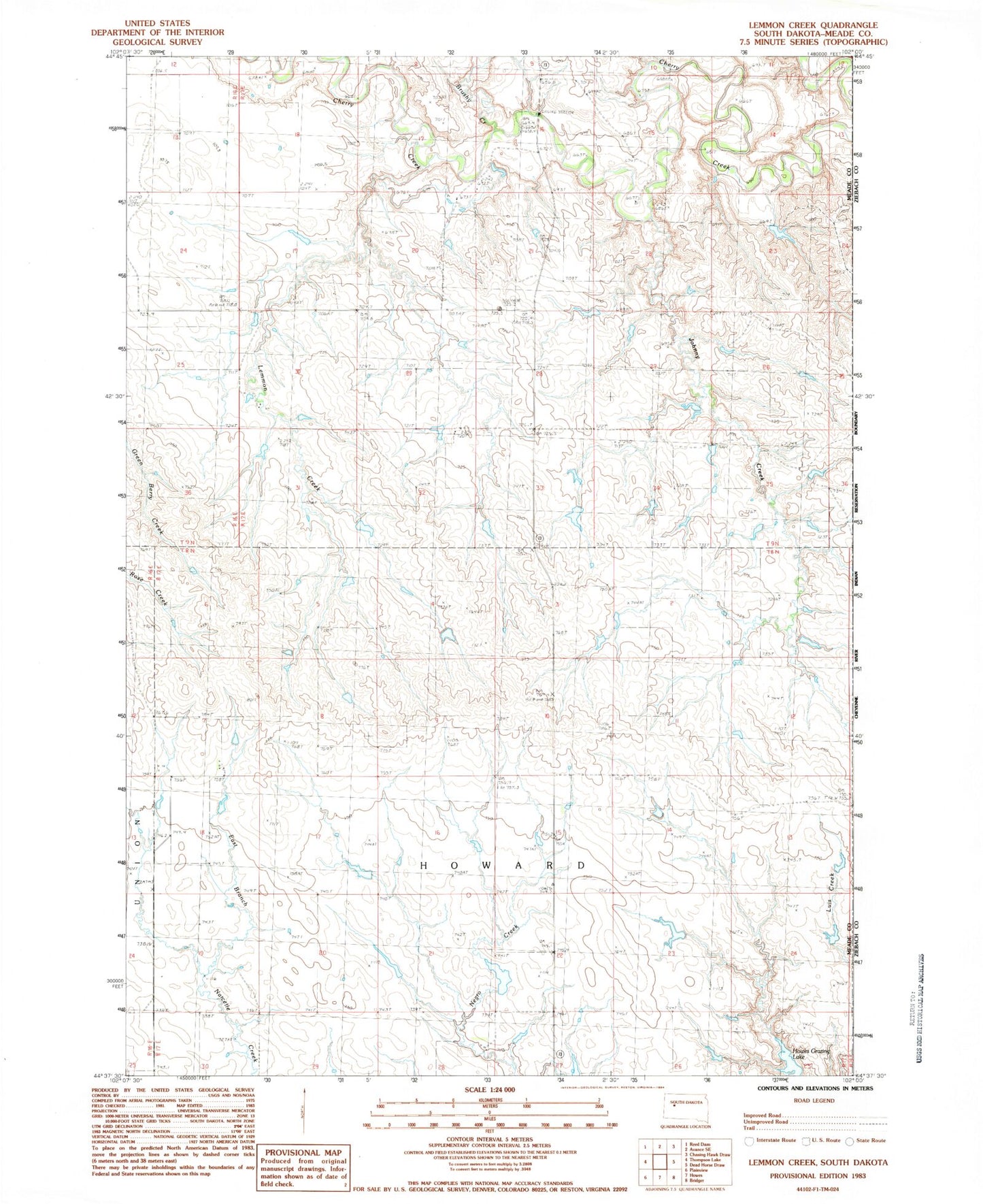 Classic USGS Lemmon Creek South Dakota 7.5'x7.5' Topo Map Image