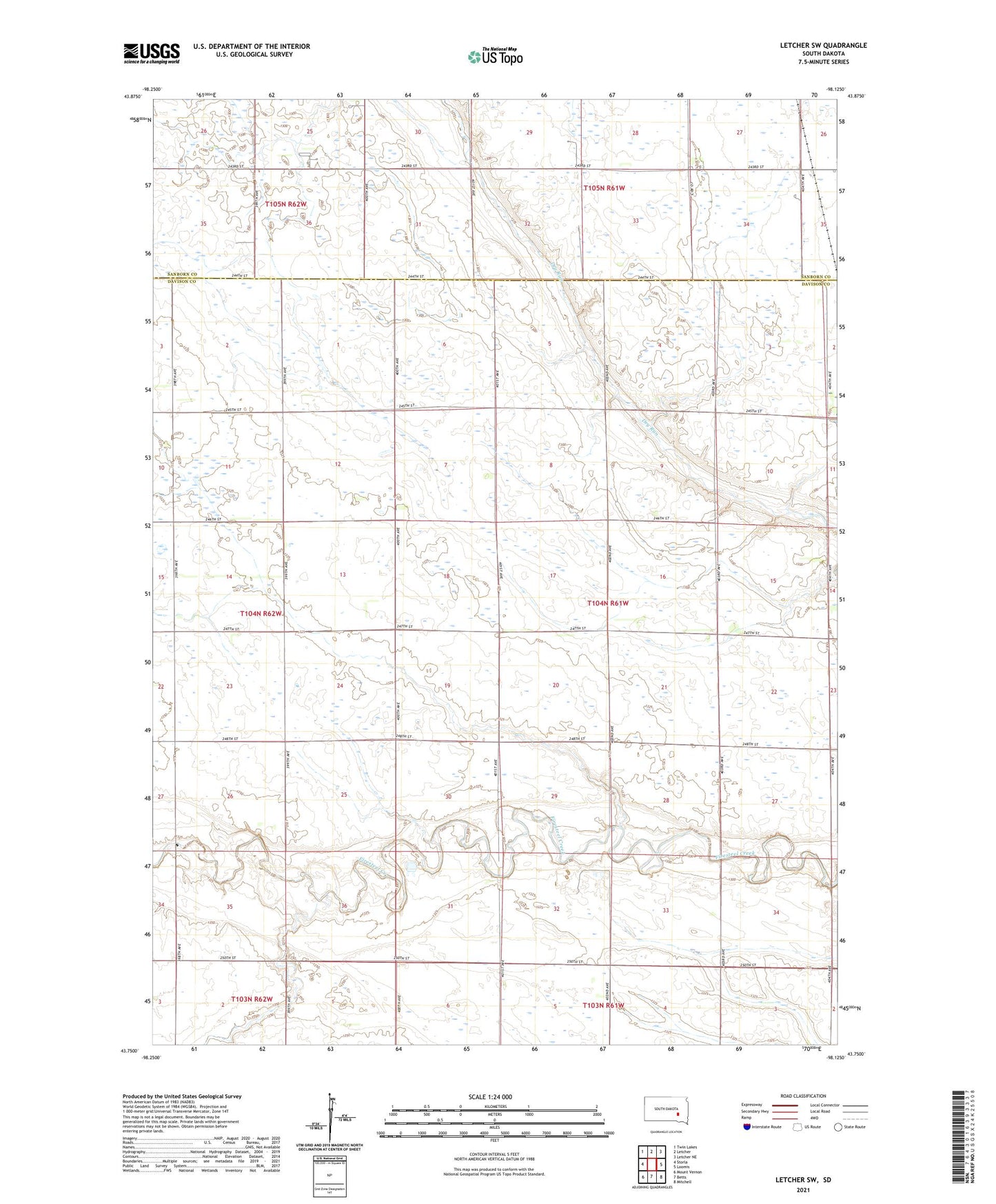 Letcher SW South Dakota US Topo Map Image