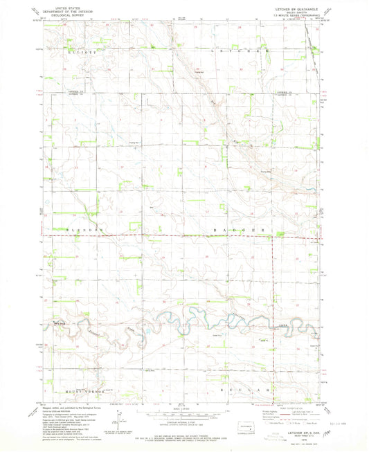 Classic USGS Letcher SW South Dakota 7.5'x7.5' Topo Map Image