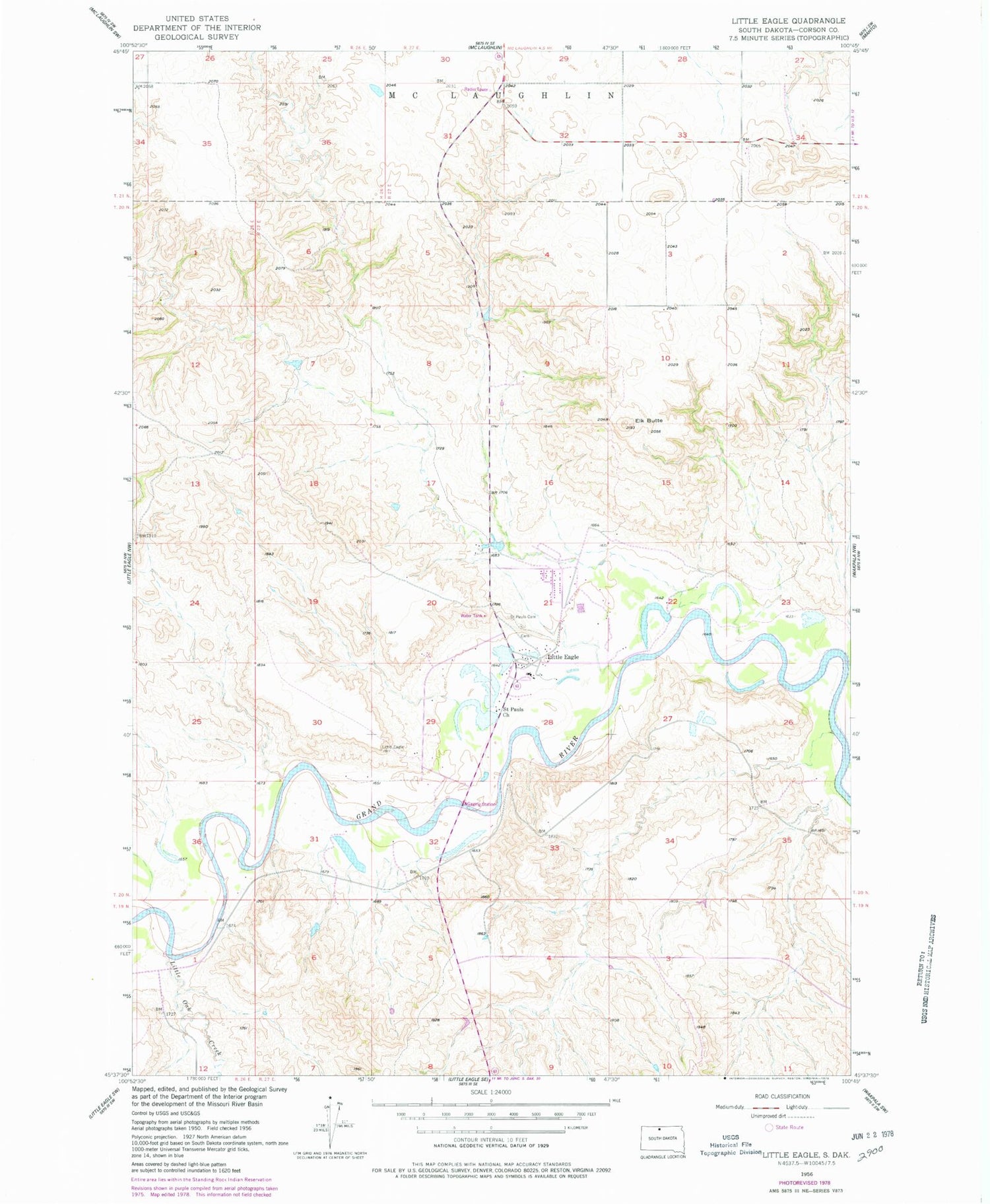 Classic USGS Little Eagle South Dakota 7.5'x7.5' Topo Map Image